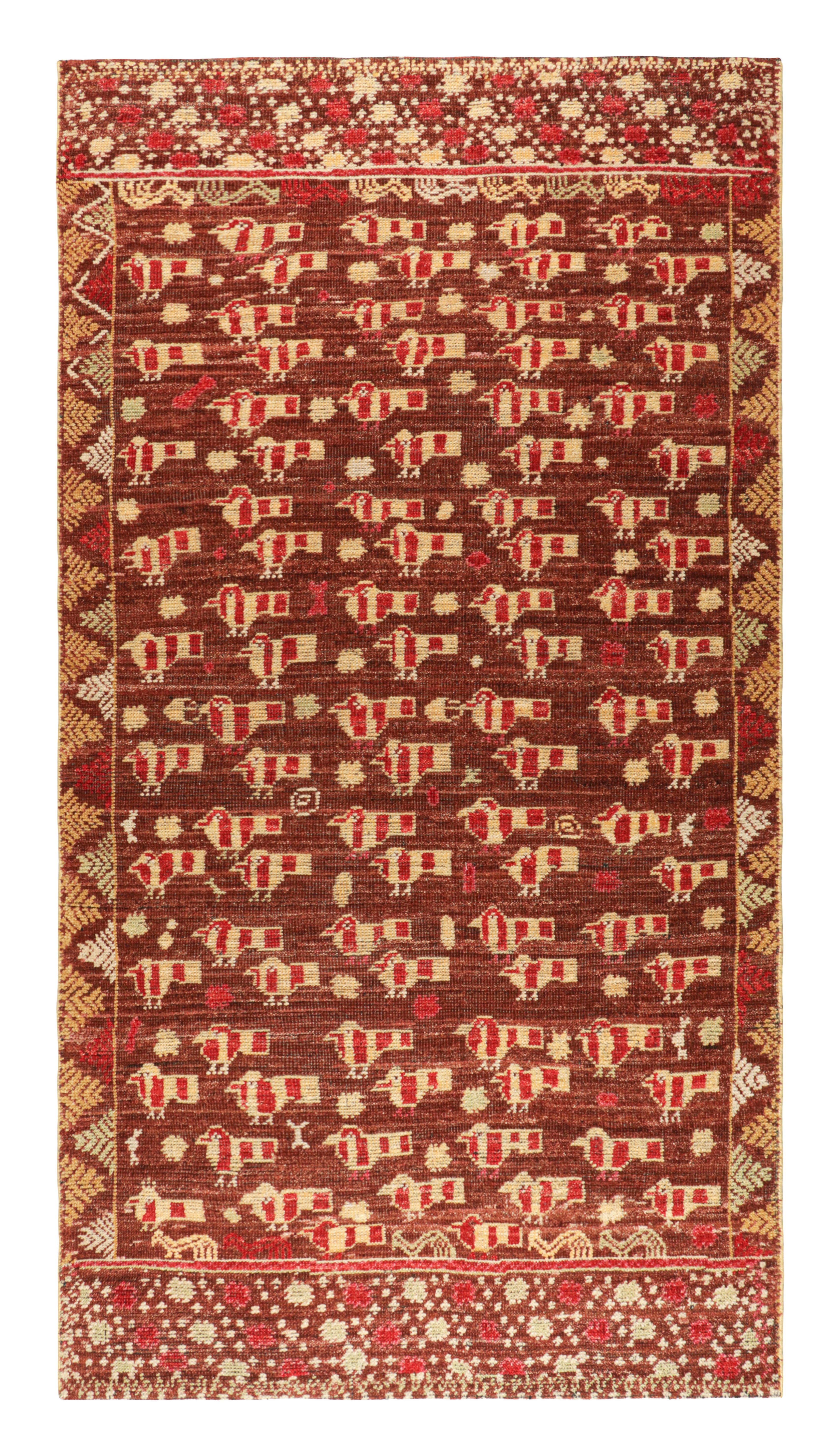 Rug & Kilim’s Tribal Style Runner Rug in Brown with Geometric Patterns and Birds