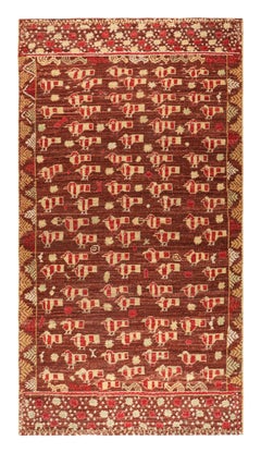 Rug & Kilim’s Tribal Style Runner Rug in Brown with Geometric Patterns and Birds