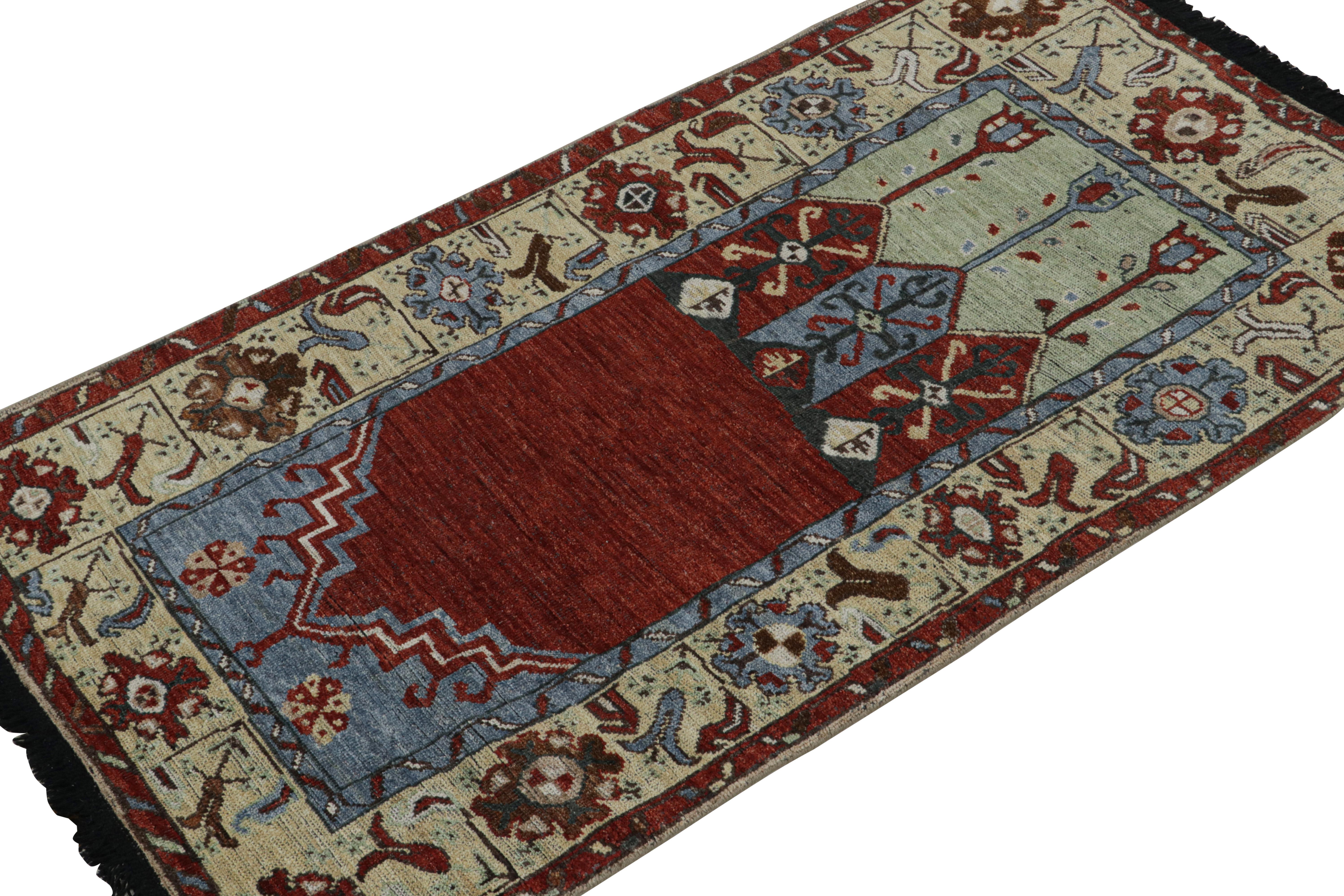 This 3x6 runner is a grand new entry to Rug & Kilim’s Burano collection. Hand-knotted in wool.

Further on the Design: 

Inspired by antique tribal runners, this rug revels in red, blue & cream with a refined traditional sensibility. The piece