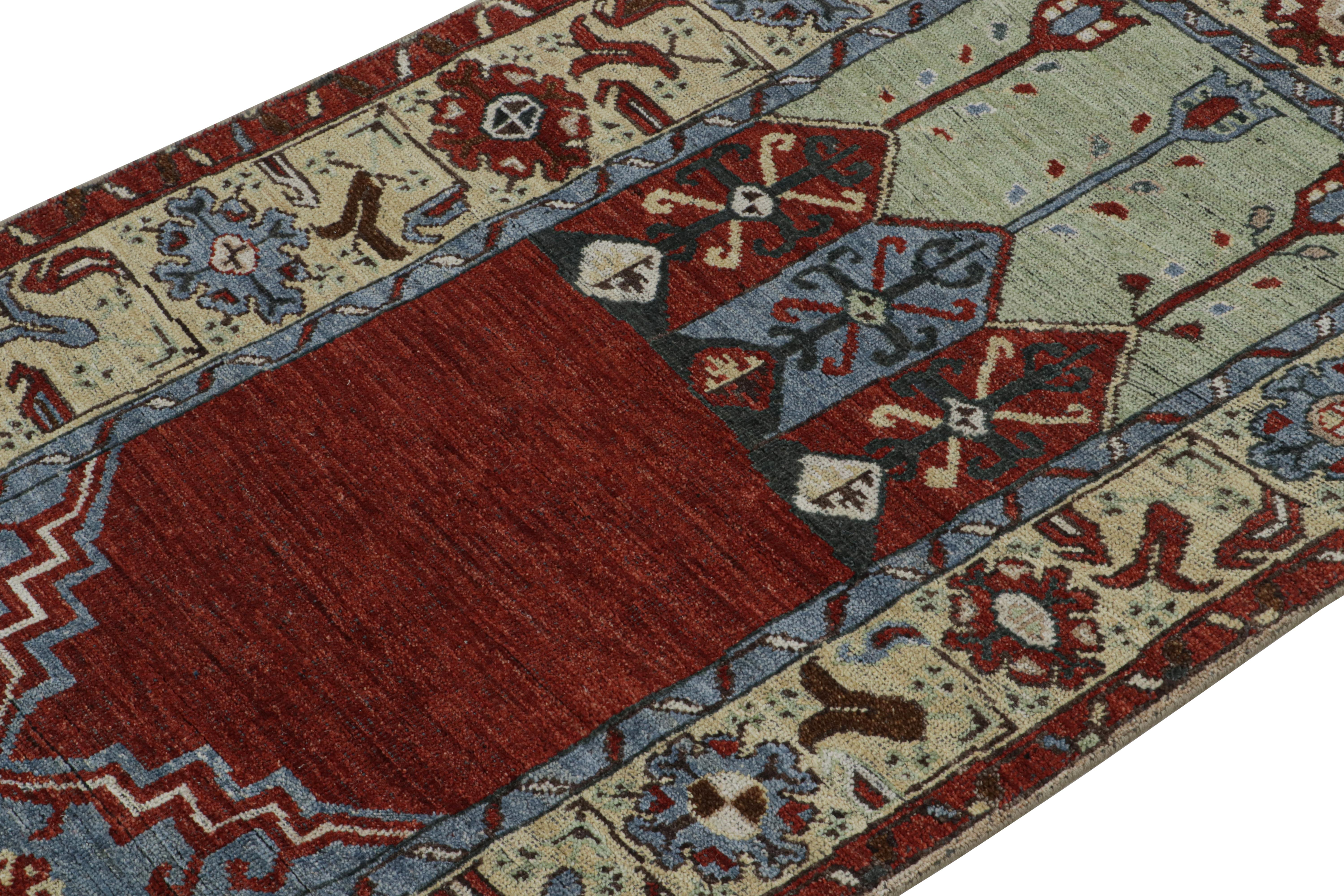 Hand-Knotted Rug & Kilim’s Tribal Style Runner Rug in Red with Mihrab and Floral Patterns For Sale