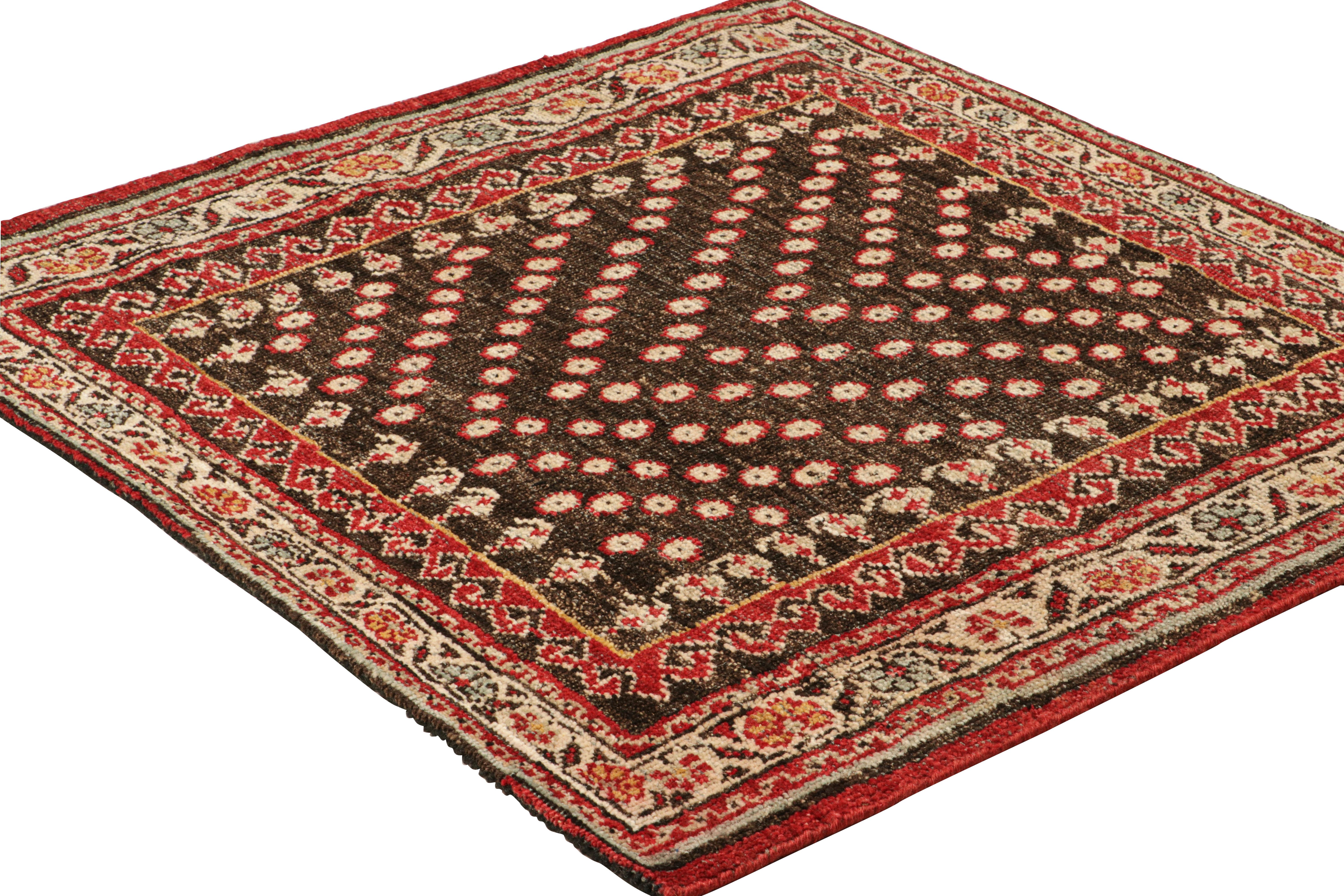 Hand-Knotted Rug & Kilim’s Tribal Style Square Rug in Brown and Red with Floral Patterns For Sale