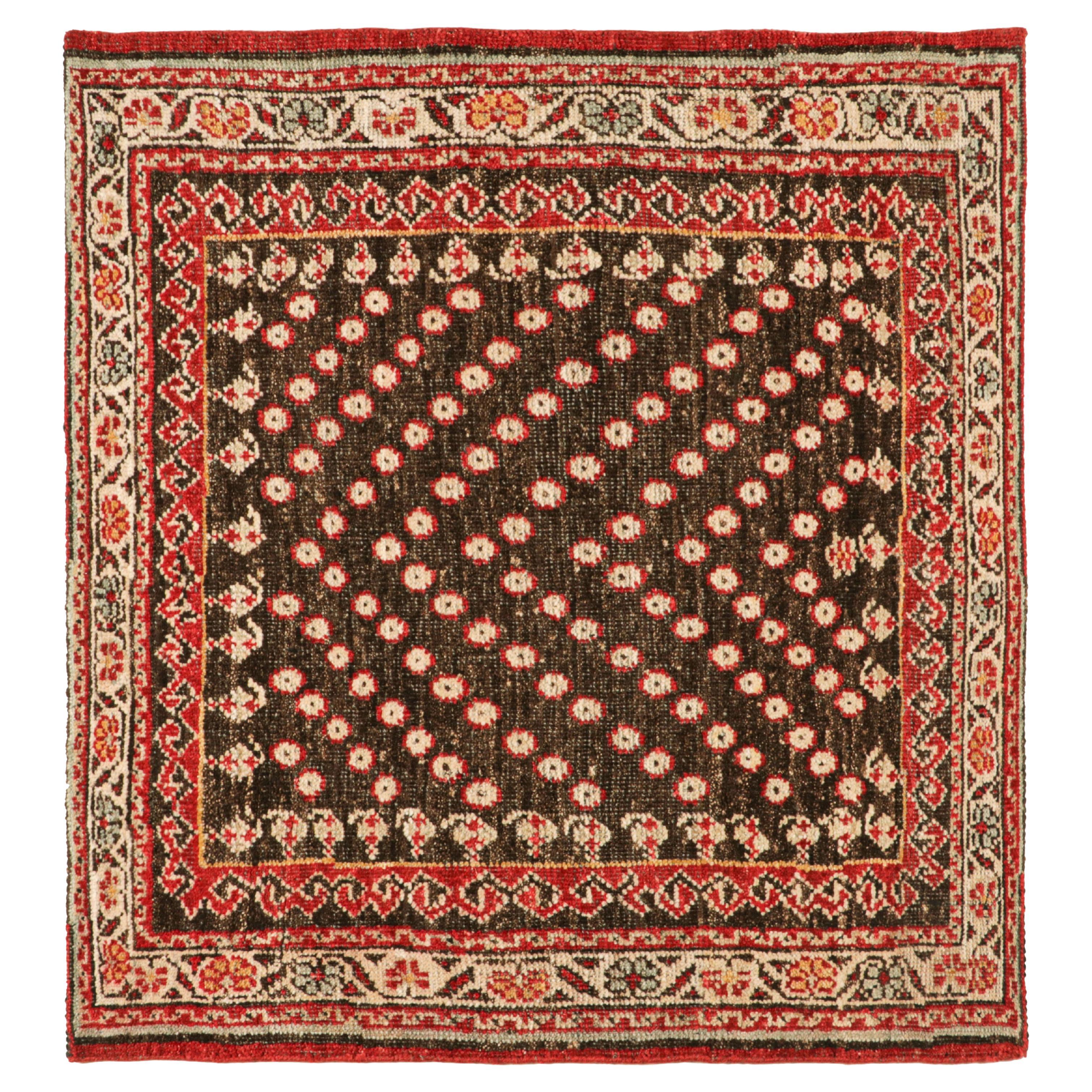 Rug & Kilim’s Tribal Style Square Rug in Brown and Red with Floral Patterns For Sale