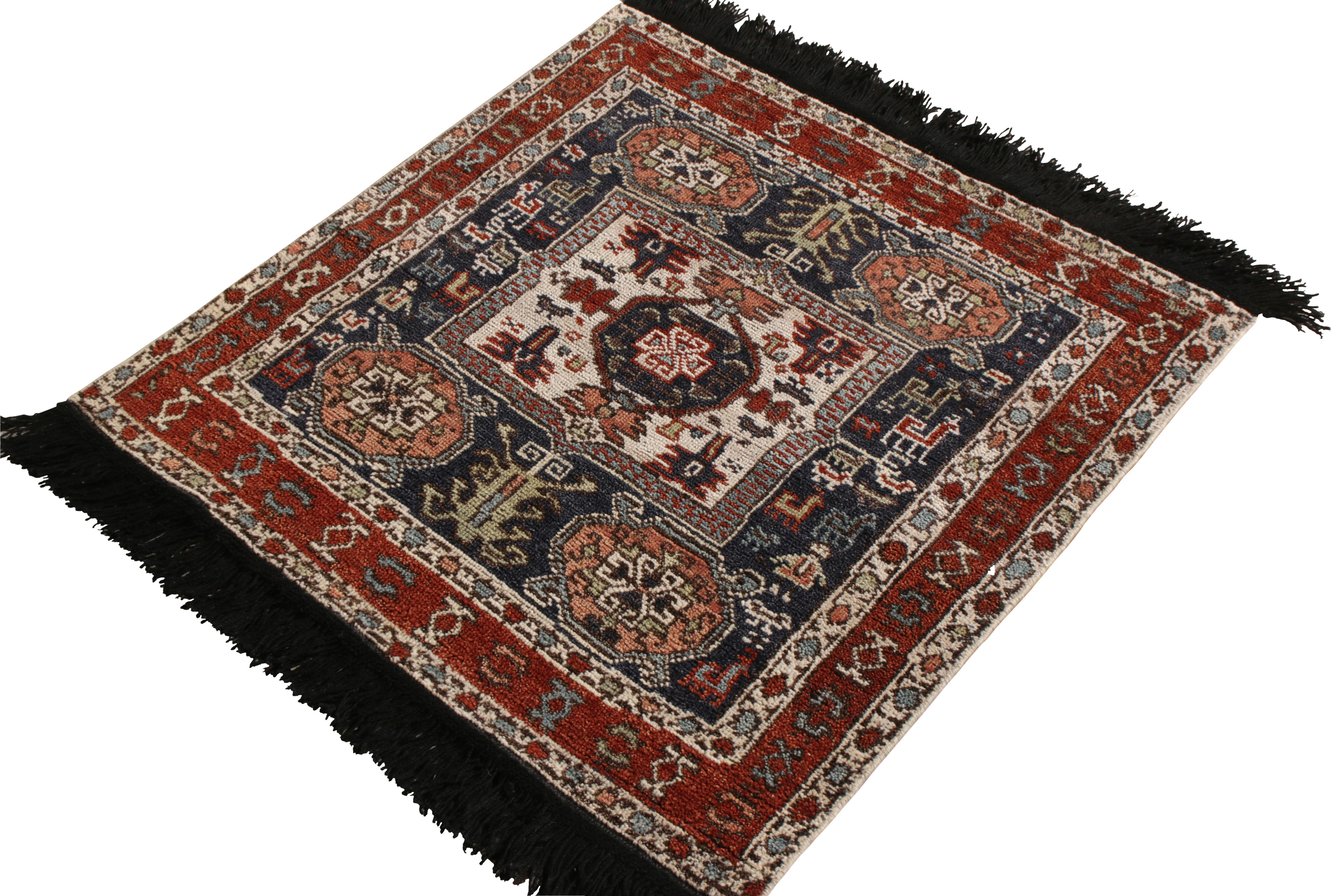 A 3 x 3 square rug nodding to celebrated tribal styles, from Rug & Kilim’s Burano Collection. Enjoying classic hues of red and blue prevailing in a wide, vibrant pallet throughout medallion and all over geometric patterns. Lending a fabulous
