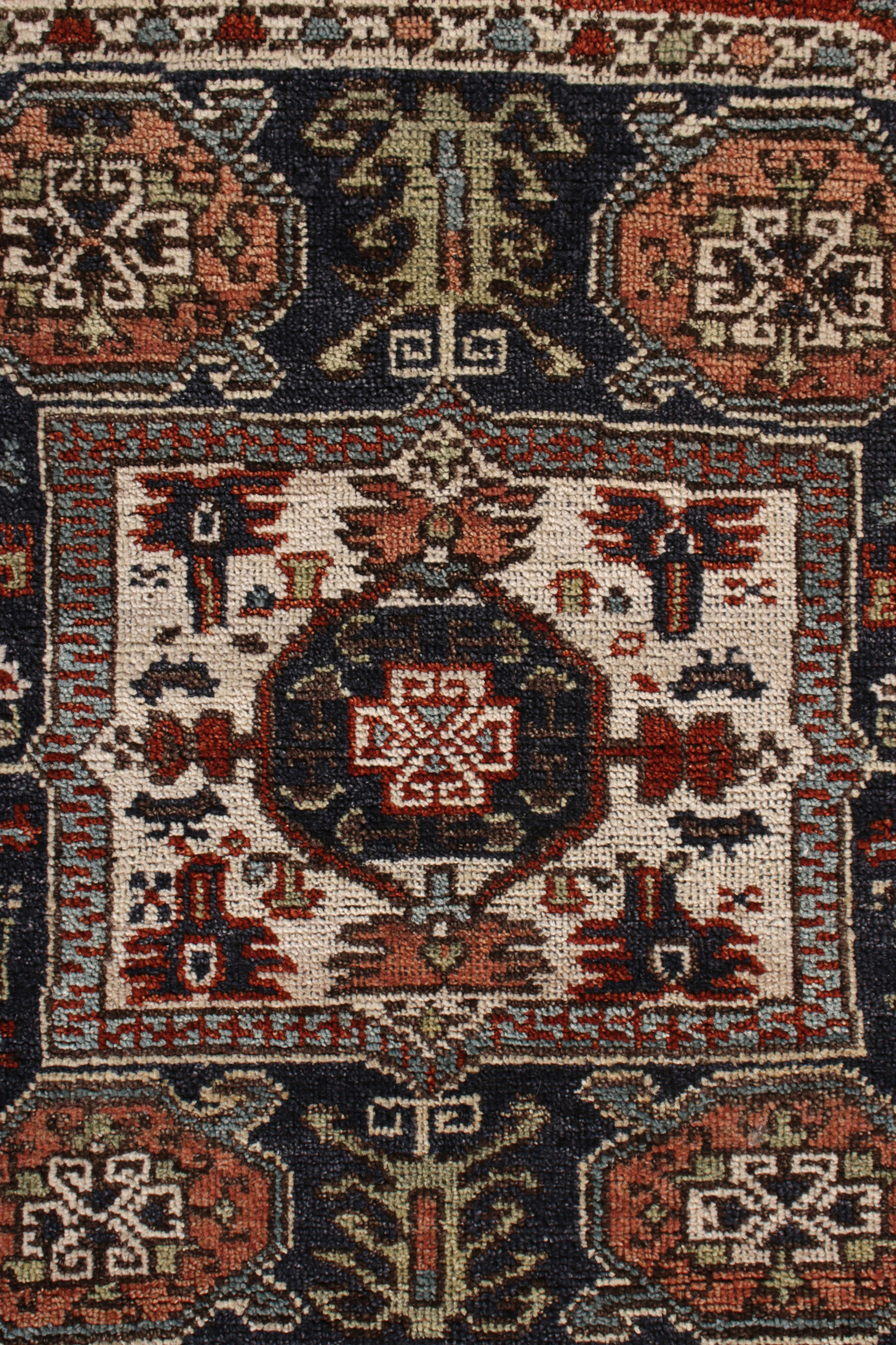 Hand-Knotted Rug & Kilim’s Tribal Style Square Rug in Red and Blue Geometric Pattern For Sale