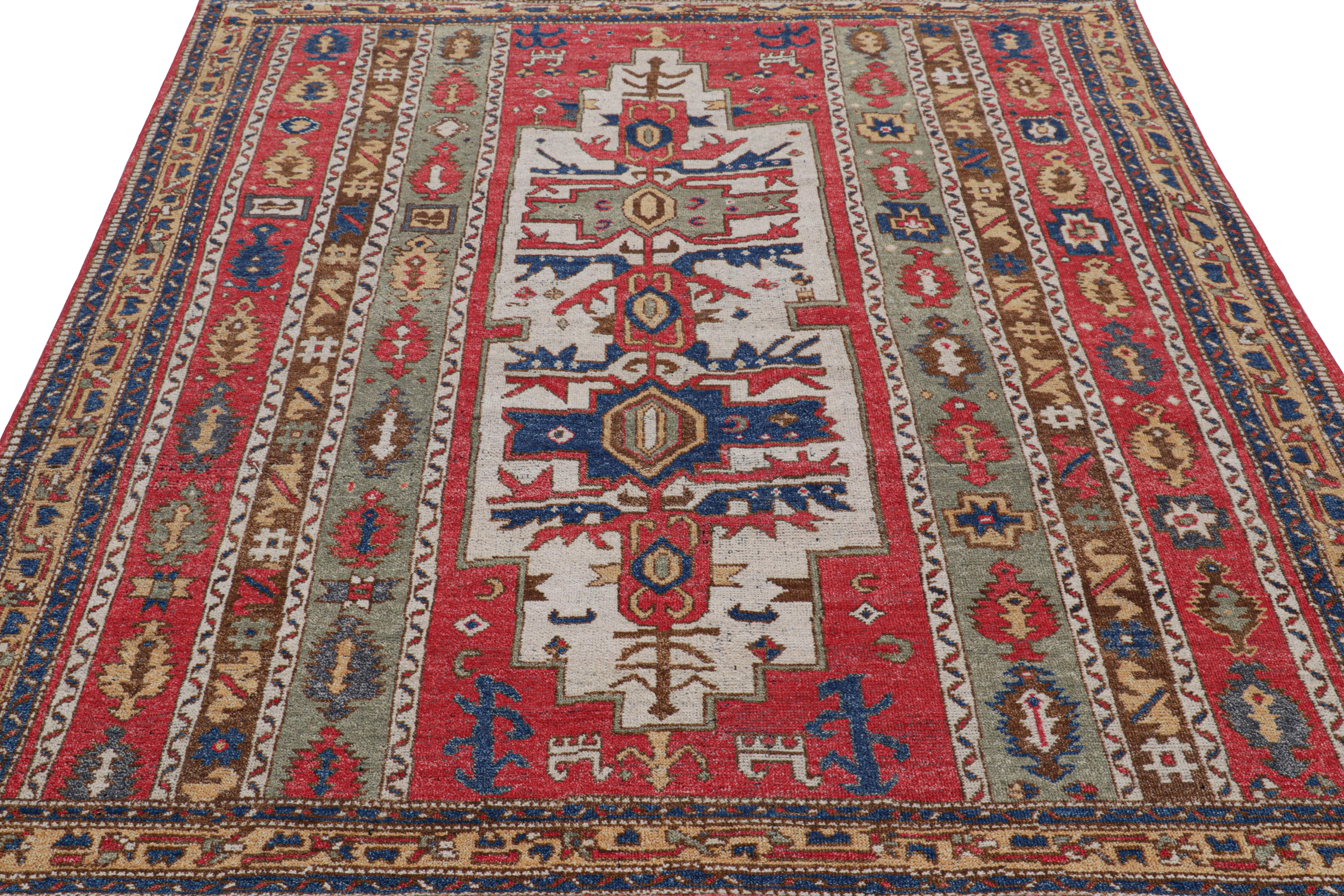 Noué à la main Rug & Kilim's Tribal Style Square Rug in Red with Geometric Patterns (tapis carré de style tribal en rouge avec motifs géométriques) en vente