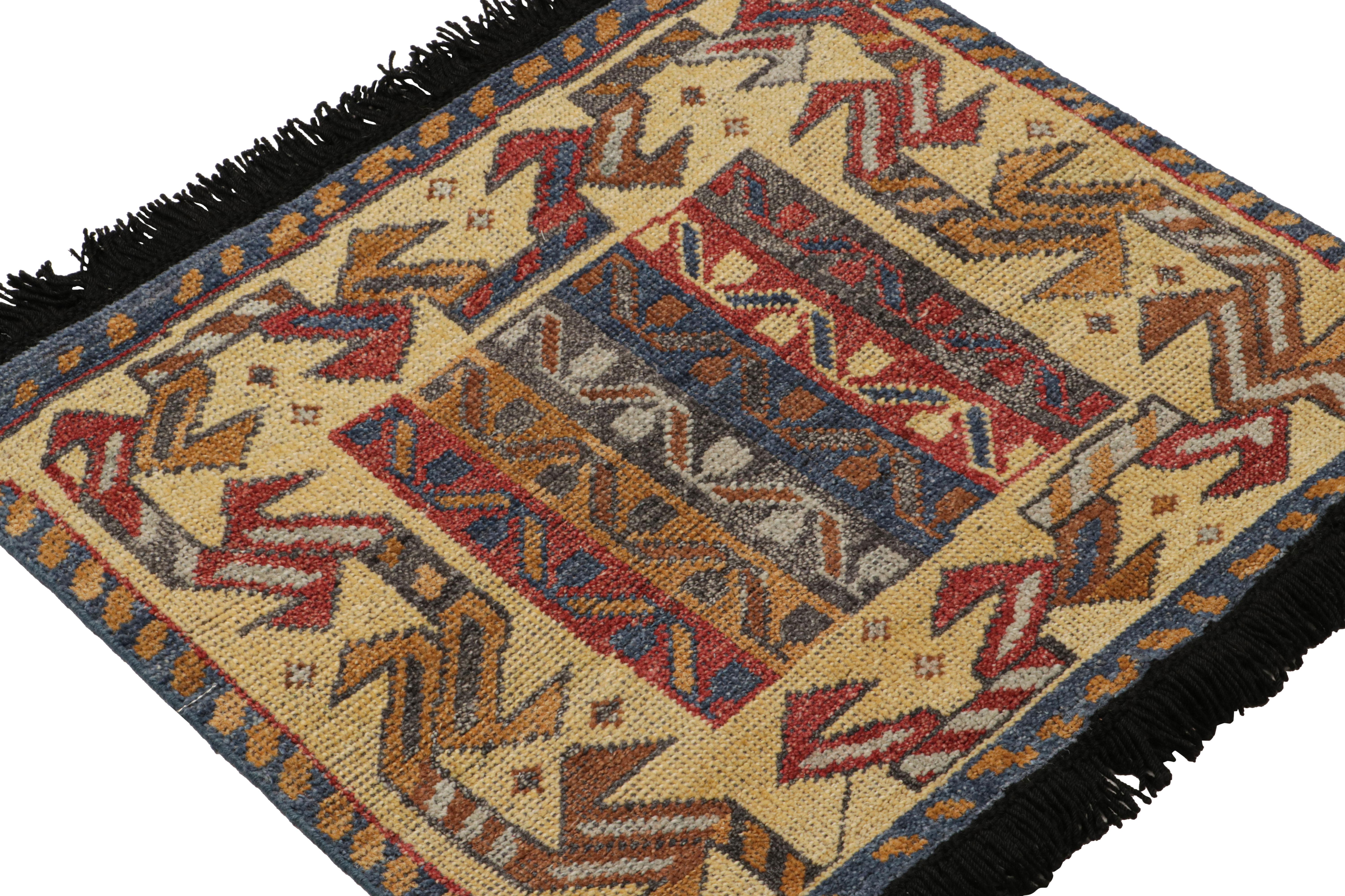 This 2x2 rug is a grand new entry to Rug & Kilim’s custom classics Burano Collection. Hand-knotted in wool, this design is inspired by antique Russian Kuba rugs and similar Caucasian tribal rugs. 
 
On the design: 

This piece enjoys gold, red and