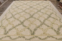 Rug & Kilim’s Tudor Style Flat Weave in Green and Cream Trellis Floral Patterns