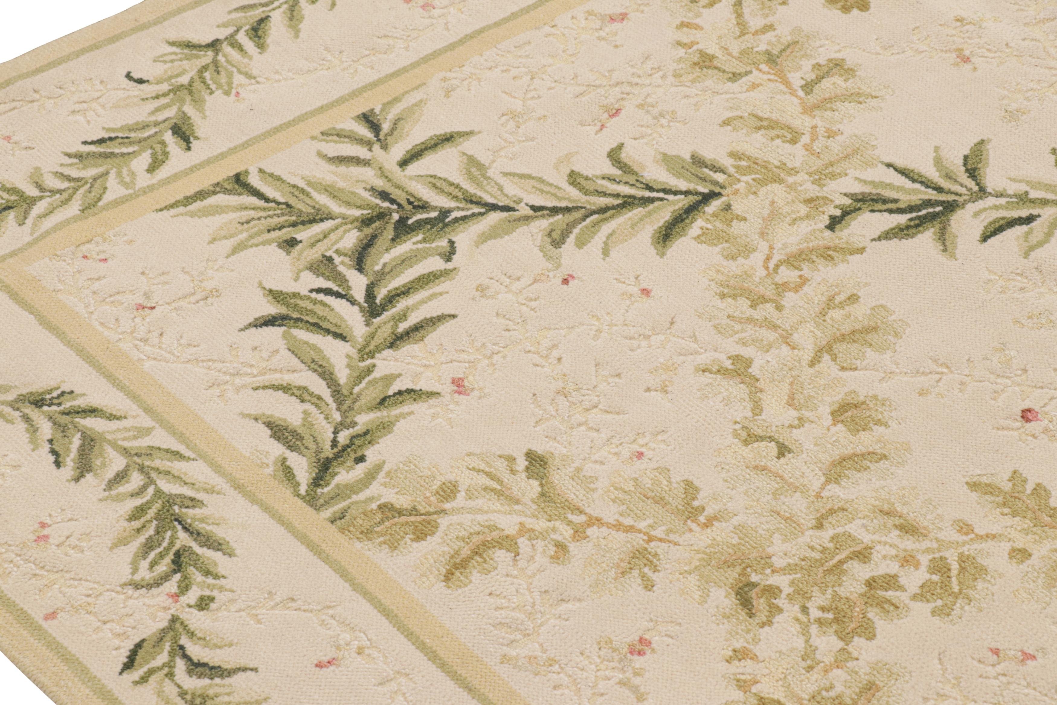 Chinese Rug & Kilim’s Tudor Style Flat Weave in Green and Cream Trellis Floral Patterns For Sale
