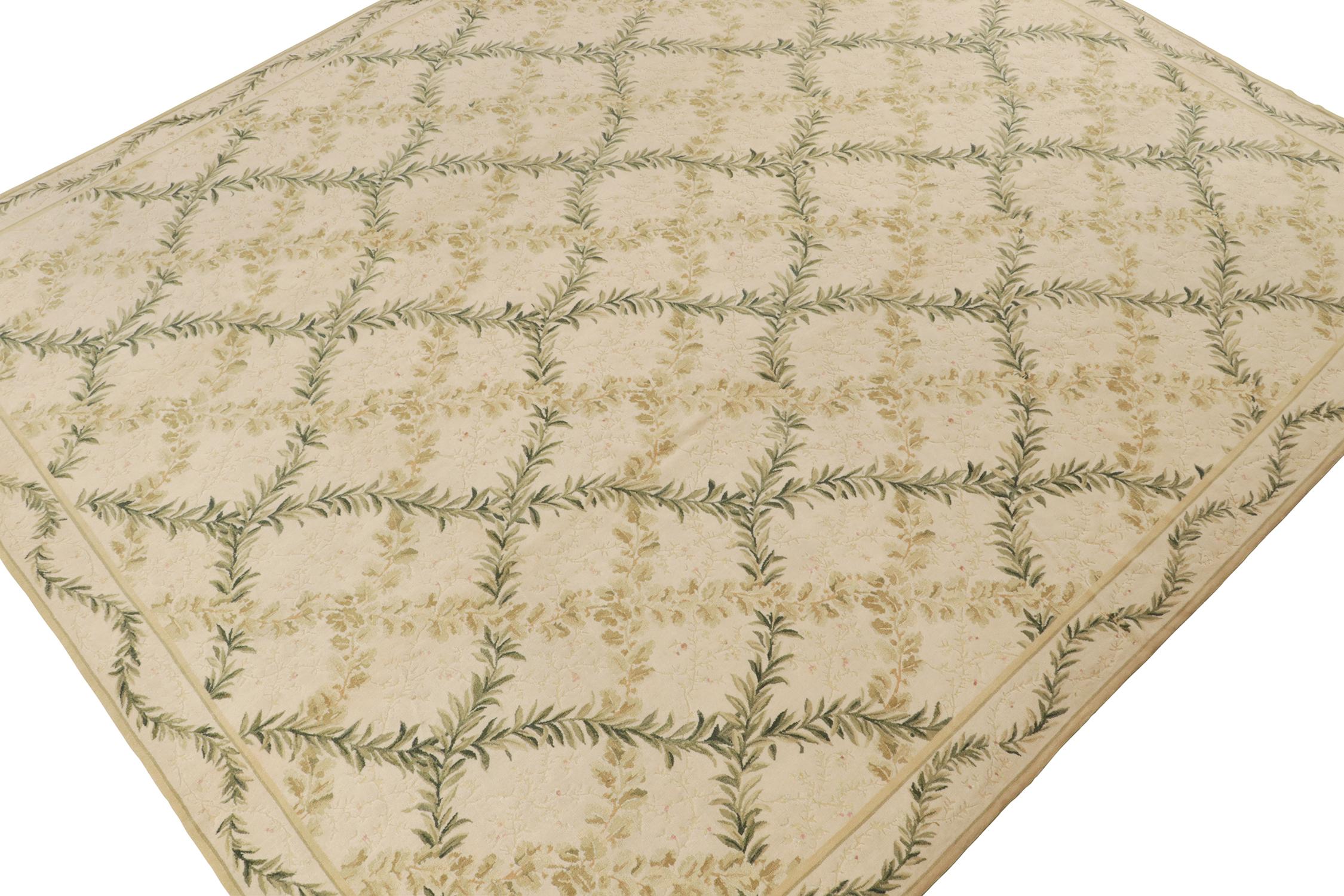Chinese Rug & Kilim’s Tudor Style Flat Weave in Green and Cream Trellis Floral Patterns For Sale