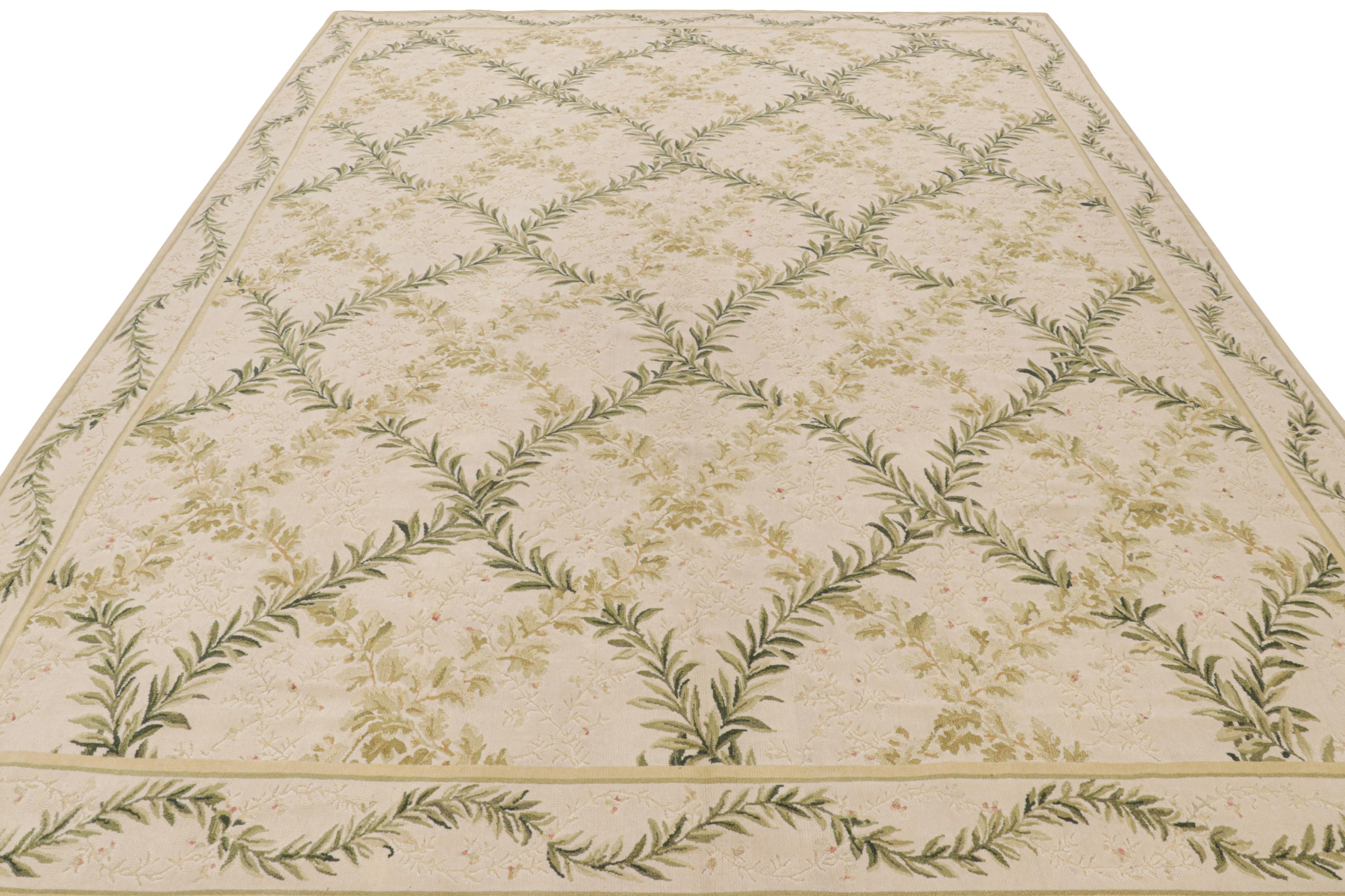 Hand-Knotted Rug & Kilim’s Tudor Style Flat Weave in Green and Cream Trellis Floral Patterns For Sale