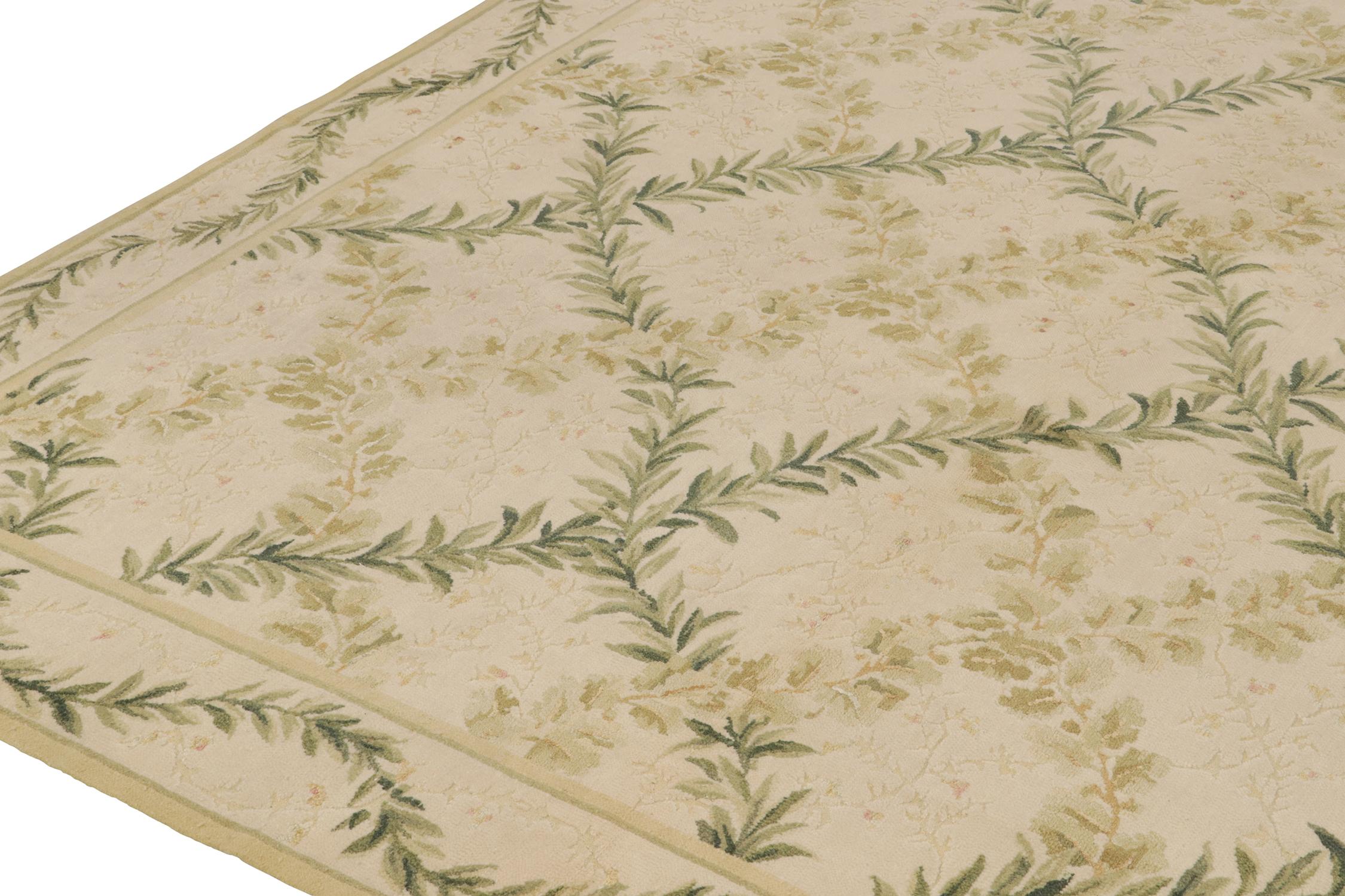 Hand-Knotted Rug & Kilim’s Tudor Style Flat Weave in Green and Cream Trellis Floral Patterns For Sale