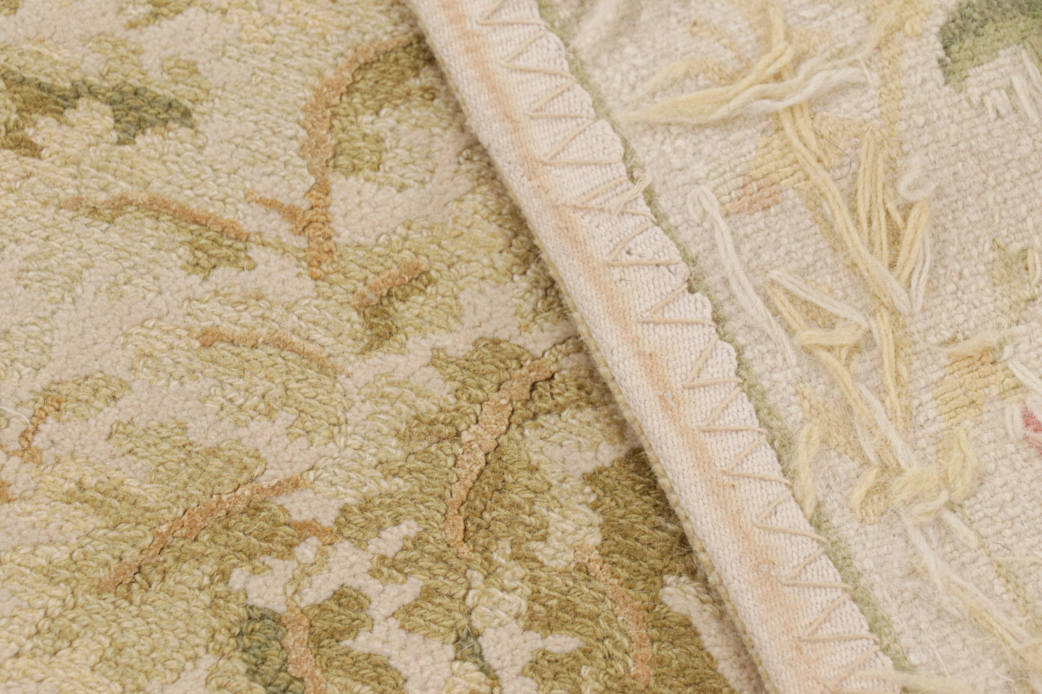 Wool Rug & Kilim’s Tudor Style Flat Weave in Green and Cream Trellis Floral Patterns For Sale