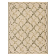 Rug & Kilim’s Tudor Style Flat Weave in Green and Cream Trellis Floral Patterns