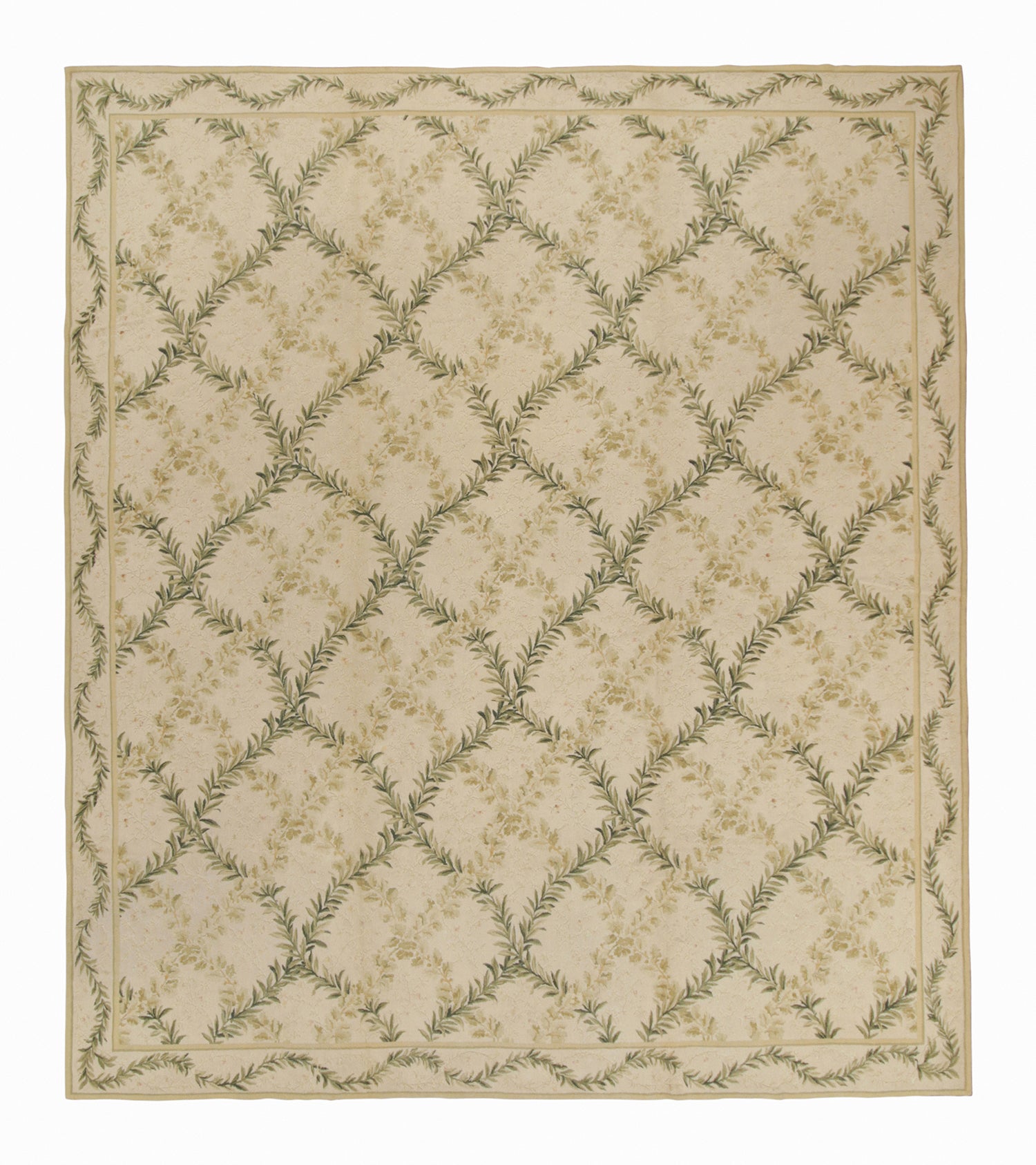 Rug & Kilim’s Tudor Style Flat Weave in Green and Cream Trellis Floral Patterns For Sale