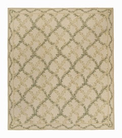 Rug & Kilim’s Tudor Style Flat Weave in Green and Cream Trellis Floral Patterns