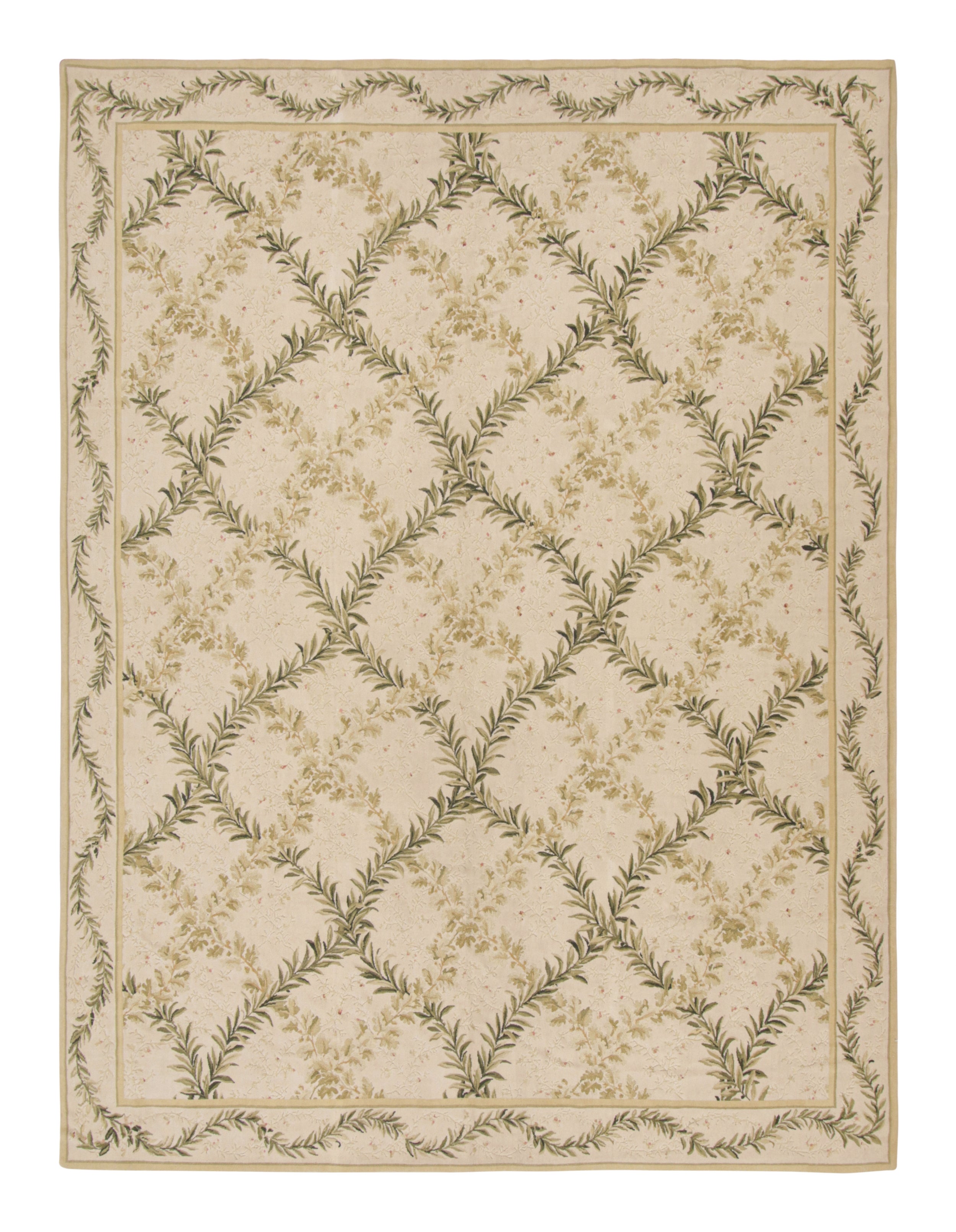 Rug & Kilim’s Tudor Style Flat Weave in Green and Cream Trellis Floral Patterns