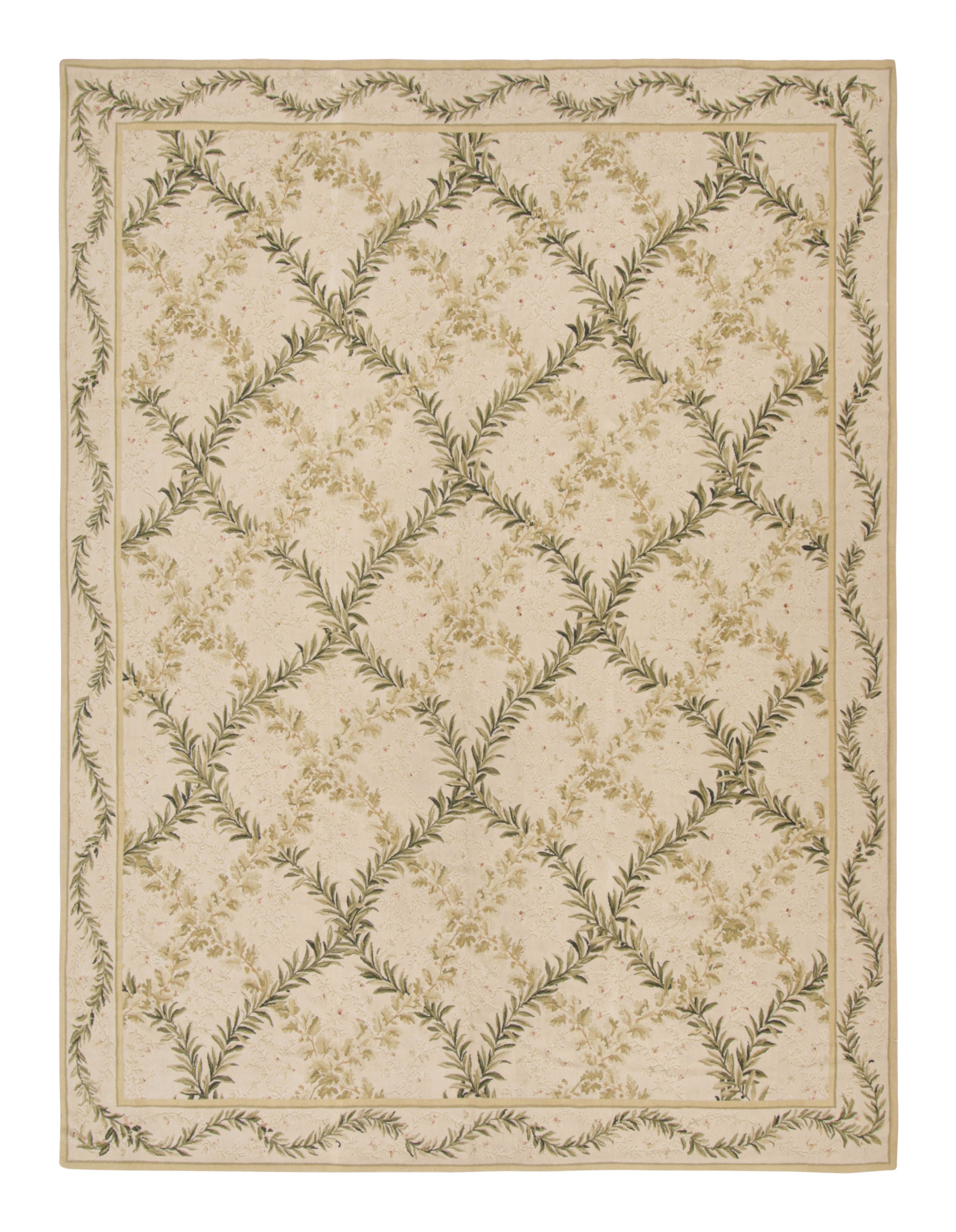 Rug & Kilim’s Tudor Style Flat Weave in Green and Cream Trellis Floral Patterns For Sale