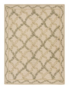 Rug & Kilim’s Tudor Style Flat Weave in Green and Cream Trellis Floral Patterns