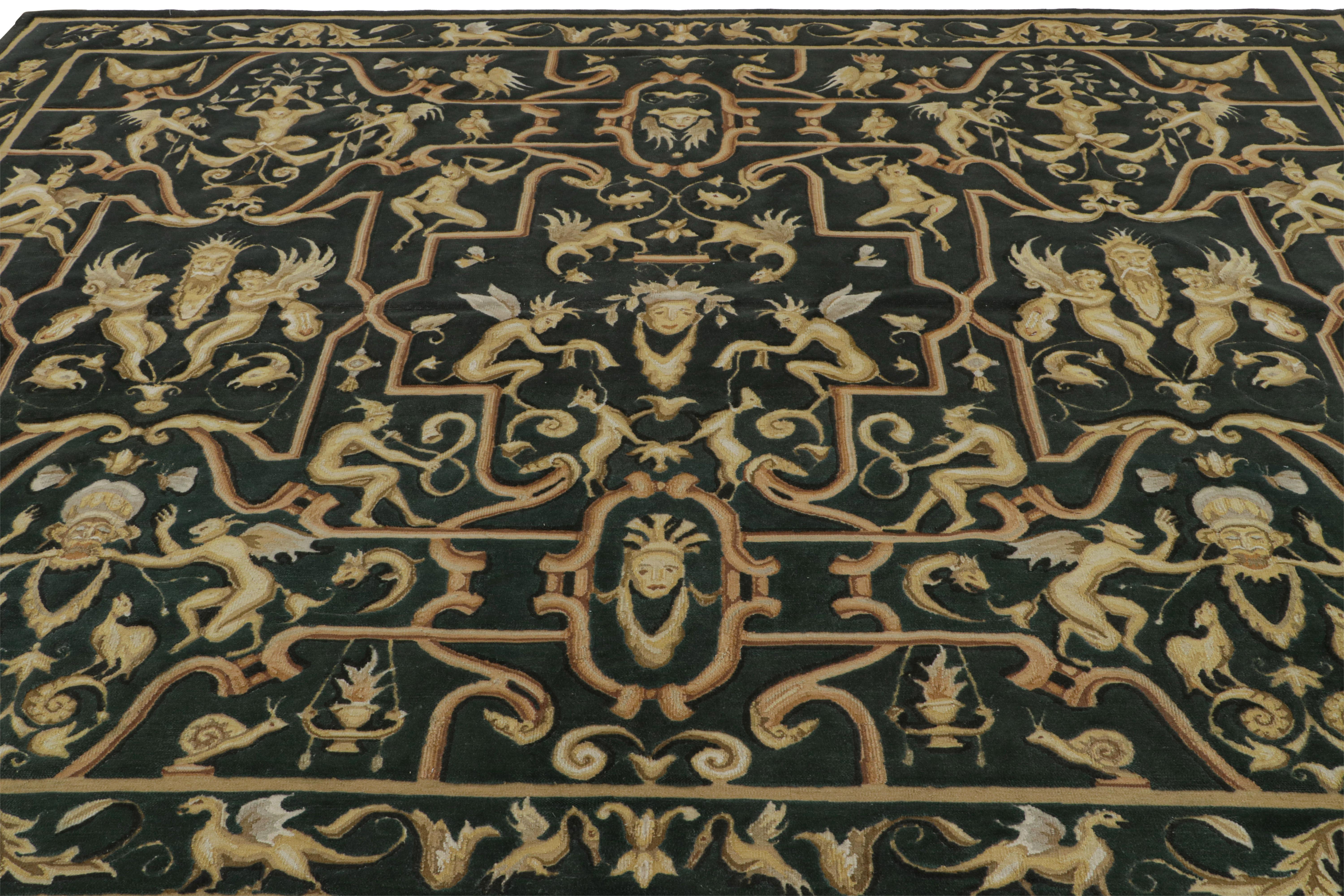 Chinese Rug & Kilim’s Tudor Style Flatweave in Black with Gold Pictorial Patterns For Sale