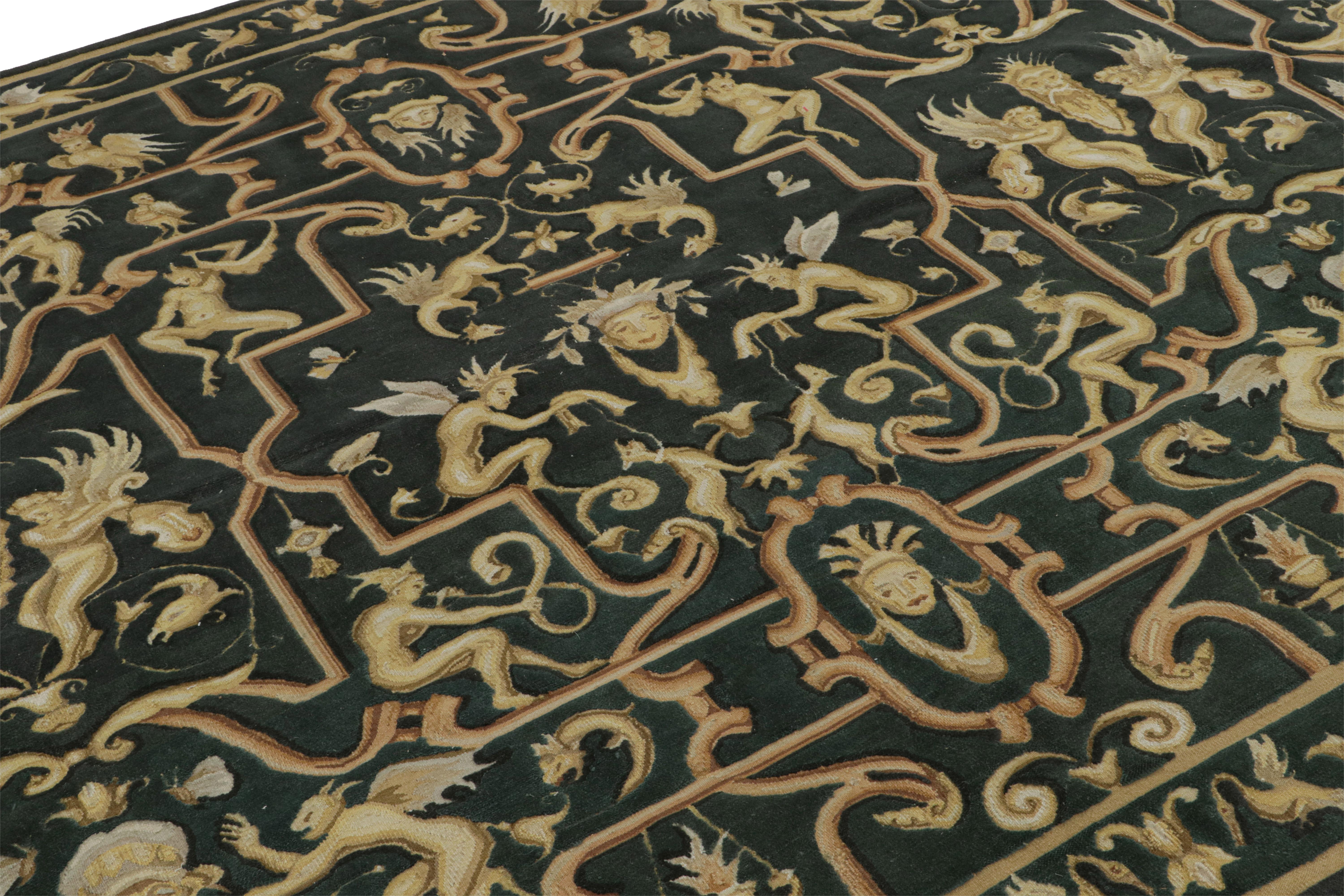 Hand-Woven Rug & Kilim’s Tudor Style Flatweave in Black with Gold Pictorial Patterns For Sale