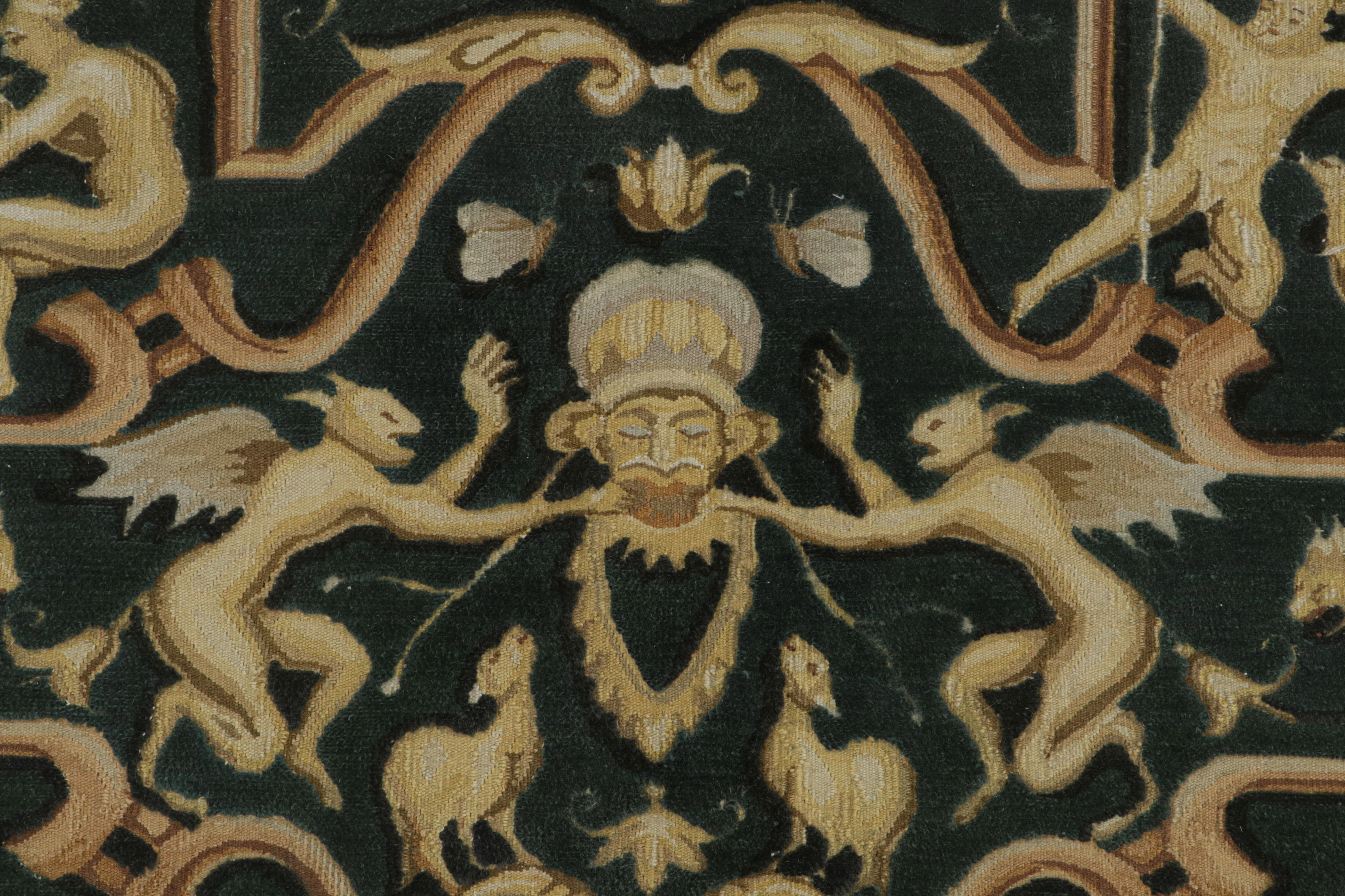 Contemporary Rug & Kilim’s Tudor Style Flatweave in Black with Gold Pictorial Patterns For Sale