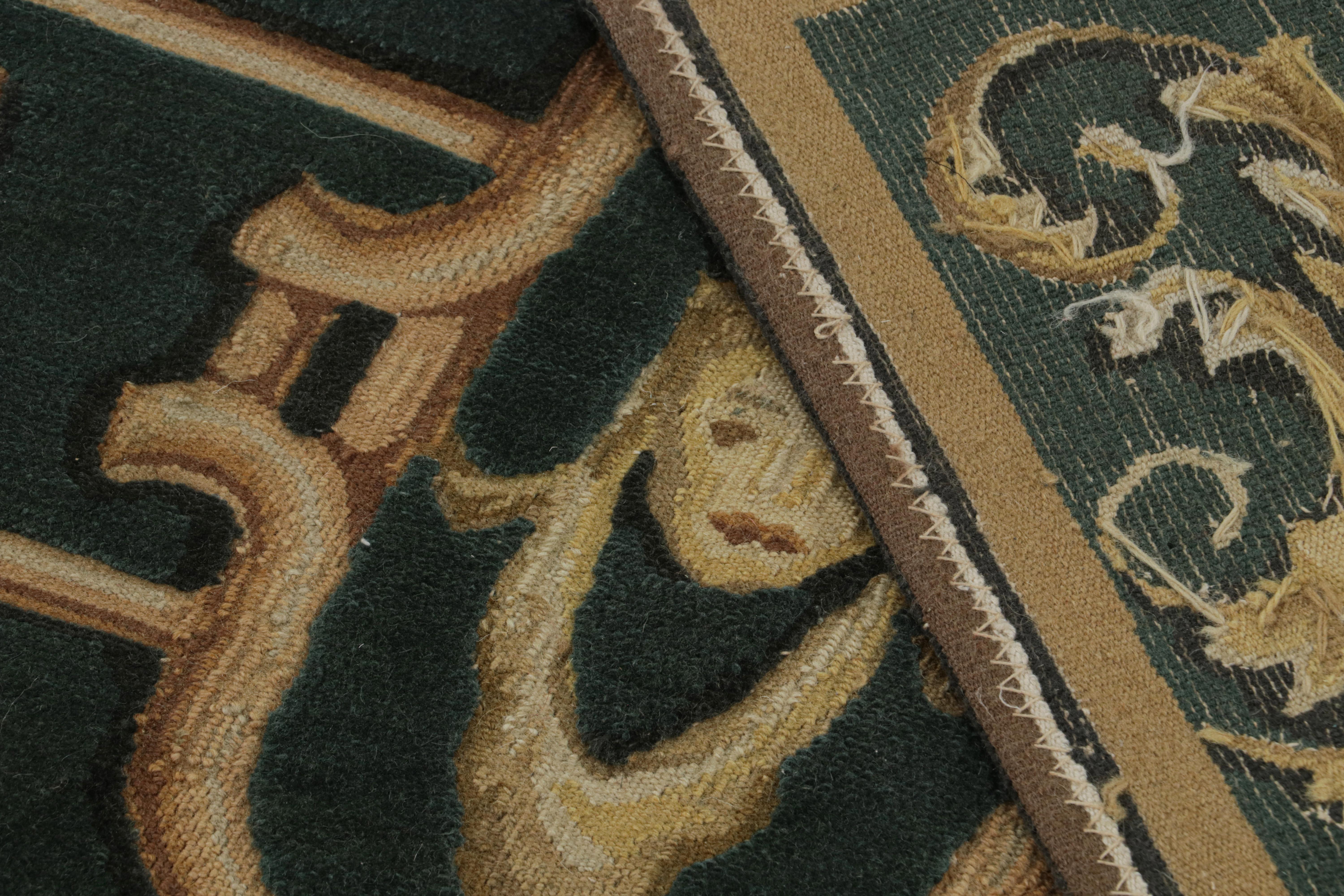 Wool Rug & Kilim’s Tudor Style Flatweave in Black with Gold Pictorial Patterns For Sale
