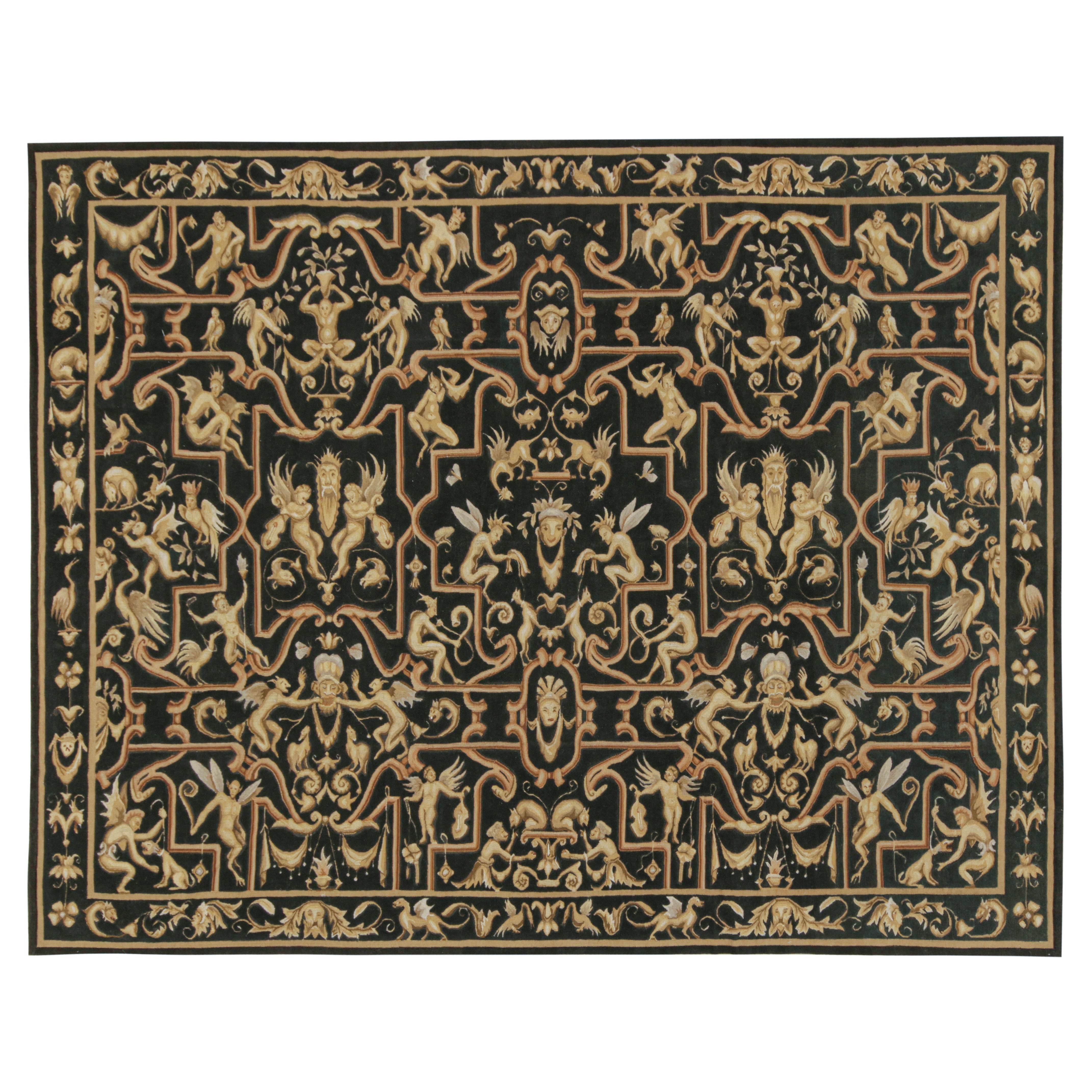 Rug & Kilim’s Tudor Style Flatweave in Black with Gold Pictorial Patterns For Sale