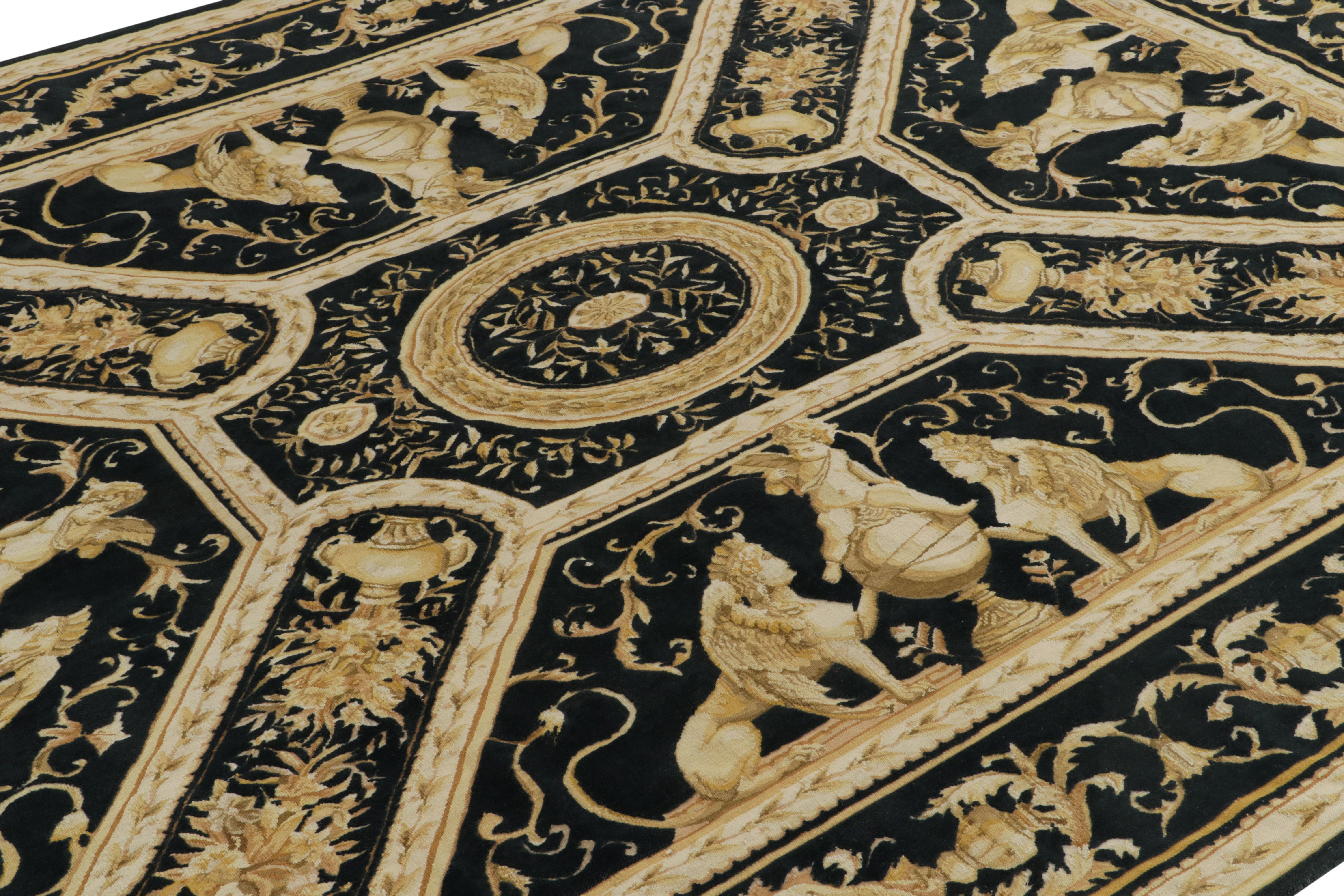 Hand-Knotted Rug & Kilim's Tudor Style Flatweave Rug in Black, Gold & White Medallion Pattern For Sale