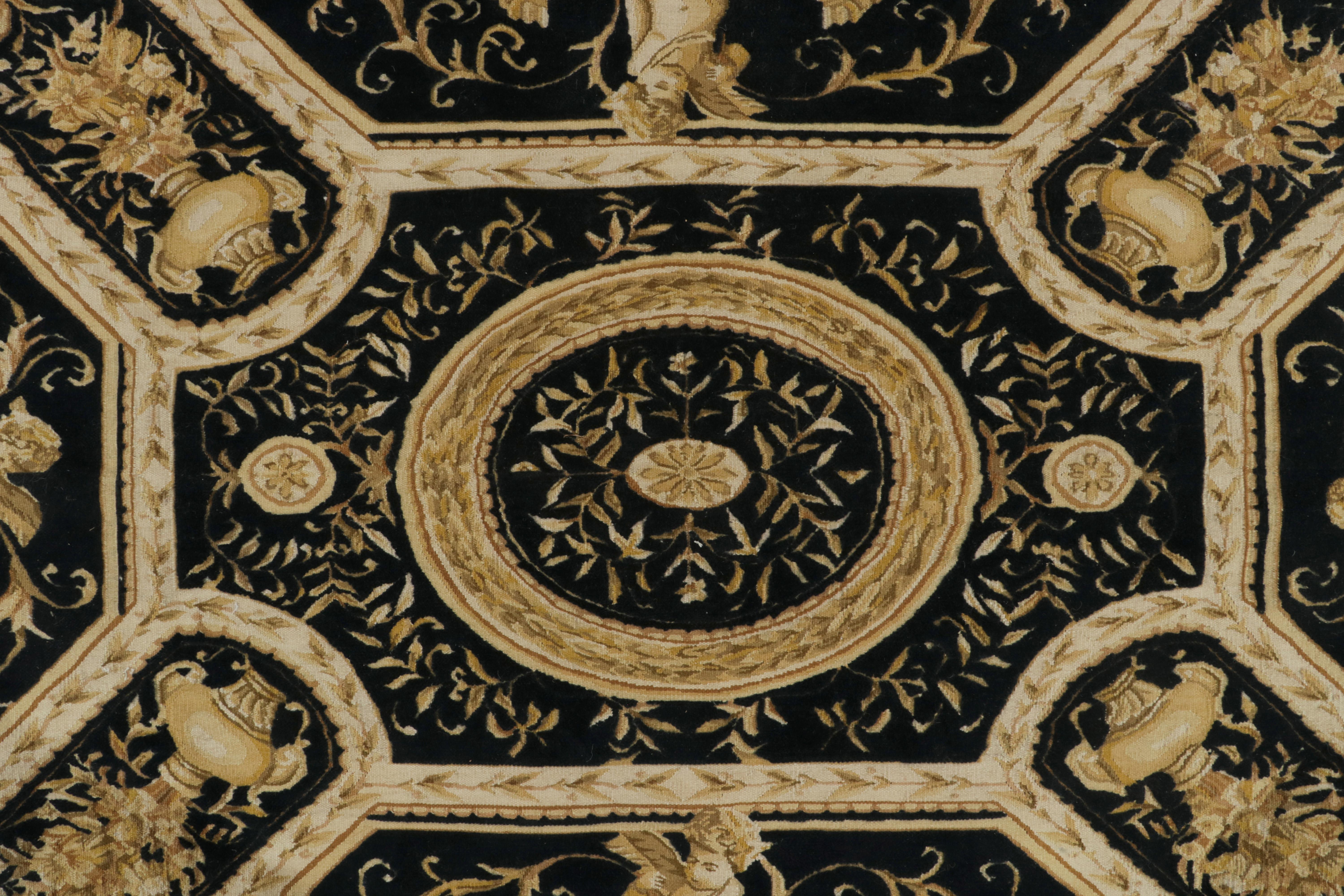 Rug & Kilim's Tudor Style Flatweave Rug in Black, Gold & White Medallion Pattern In New Condition For Sale In Long Island City, NY