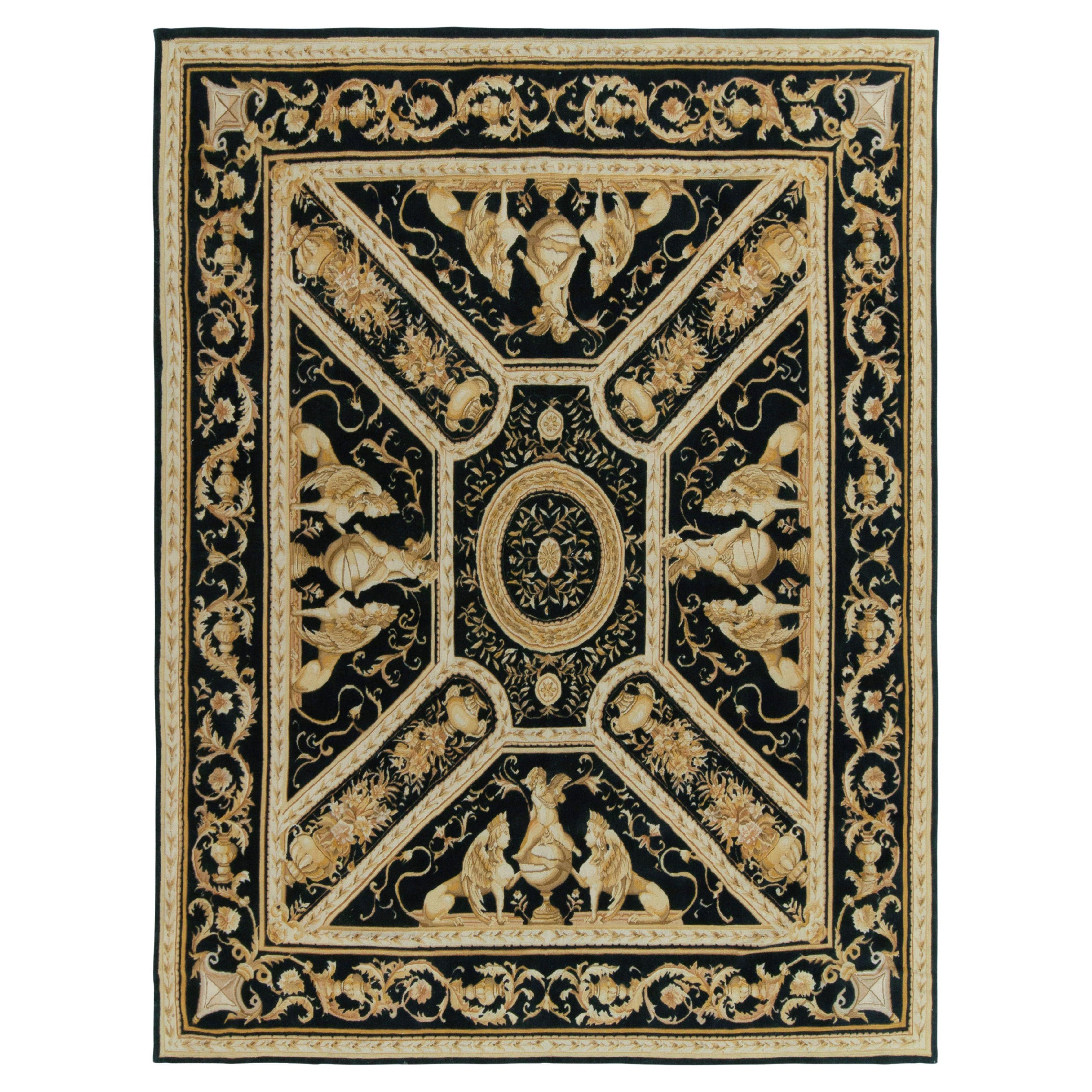 Rug & Kilim è un tappeto a tessitura piatta in stile Tudor con motivo a medaglioni bianchi, neri e dorati.