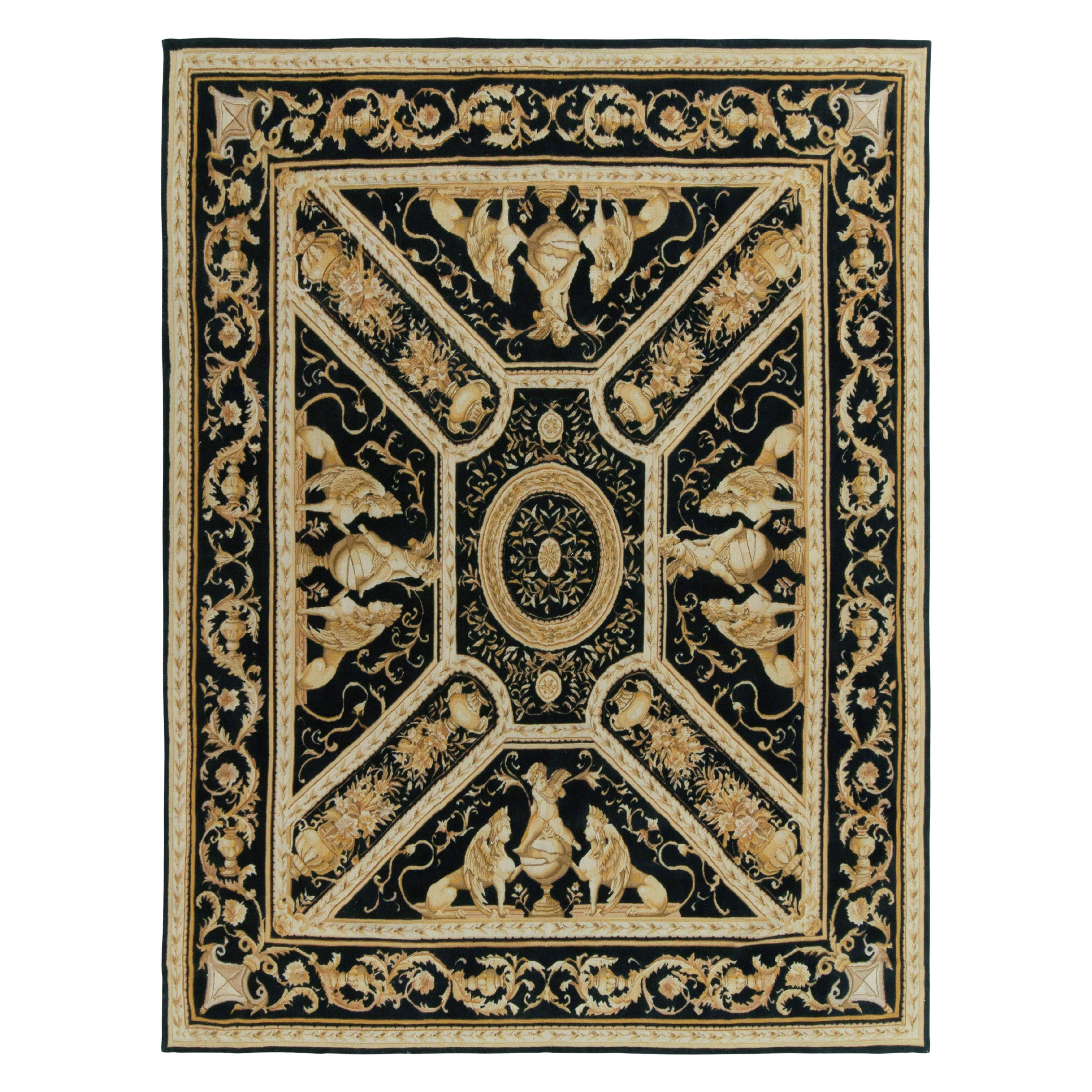 Alfombra de tejido plano estilo Tudor de Rug & Kilim con diseño de medallón negro, dorado y blanco en venta