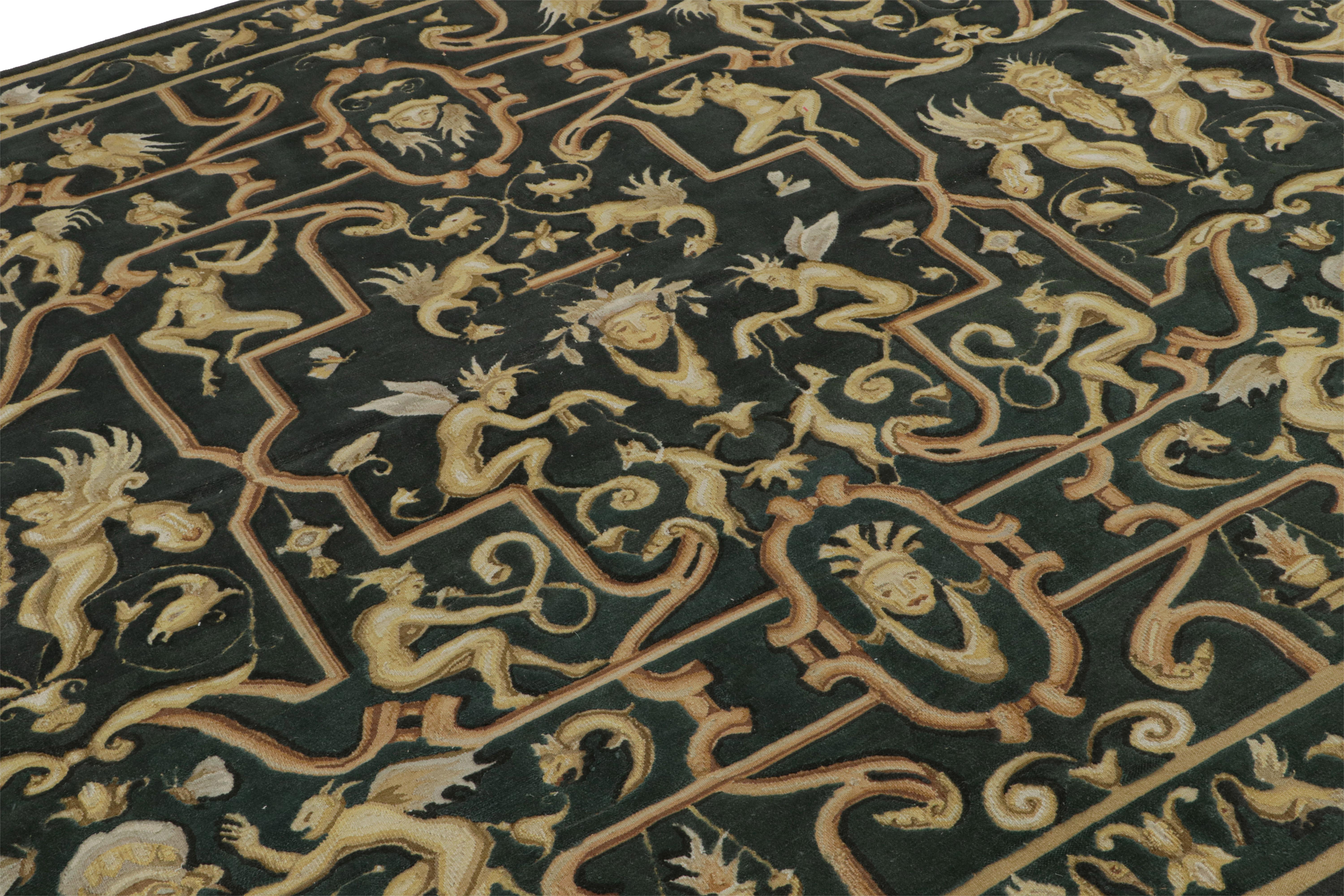 Rug & Kilims Flachgewebe-Teppich im Tudor-Stil in dunklem Teal mit goldenem Bildmotiv (Chinesisch) im Angebot