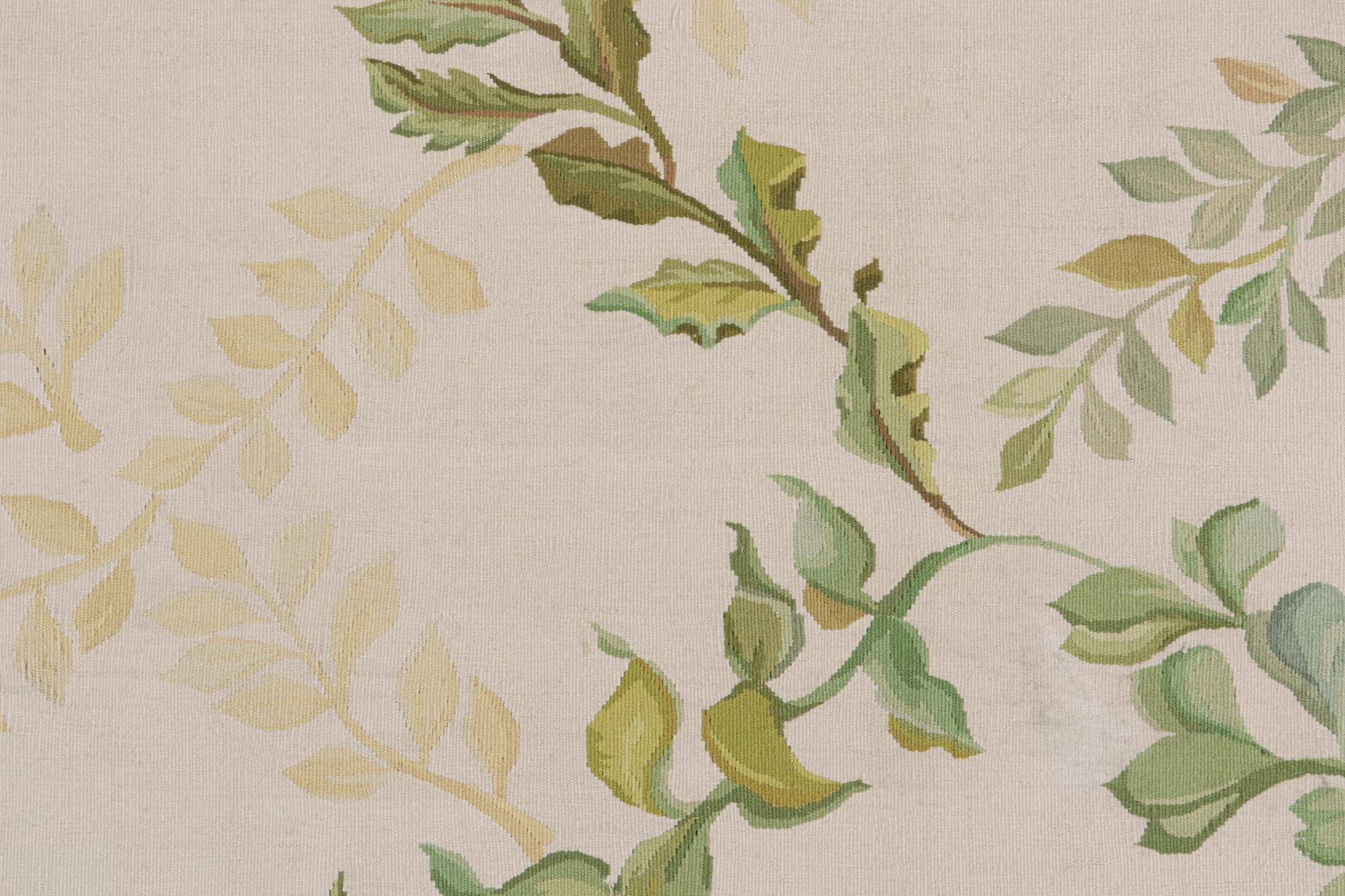 Modern Rug & Kilim’s Tudor Style Flatweave Runner in Cream & Green Floral Patterns For Sale