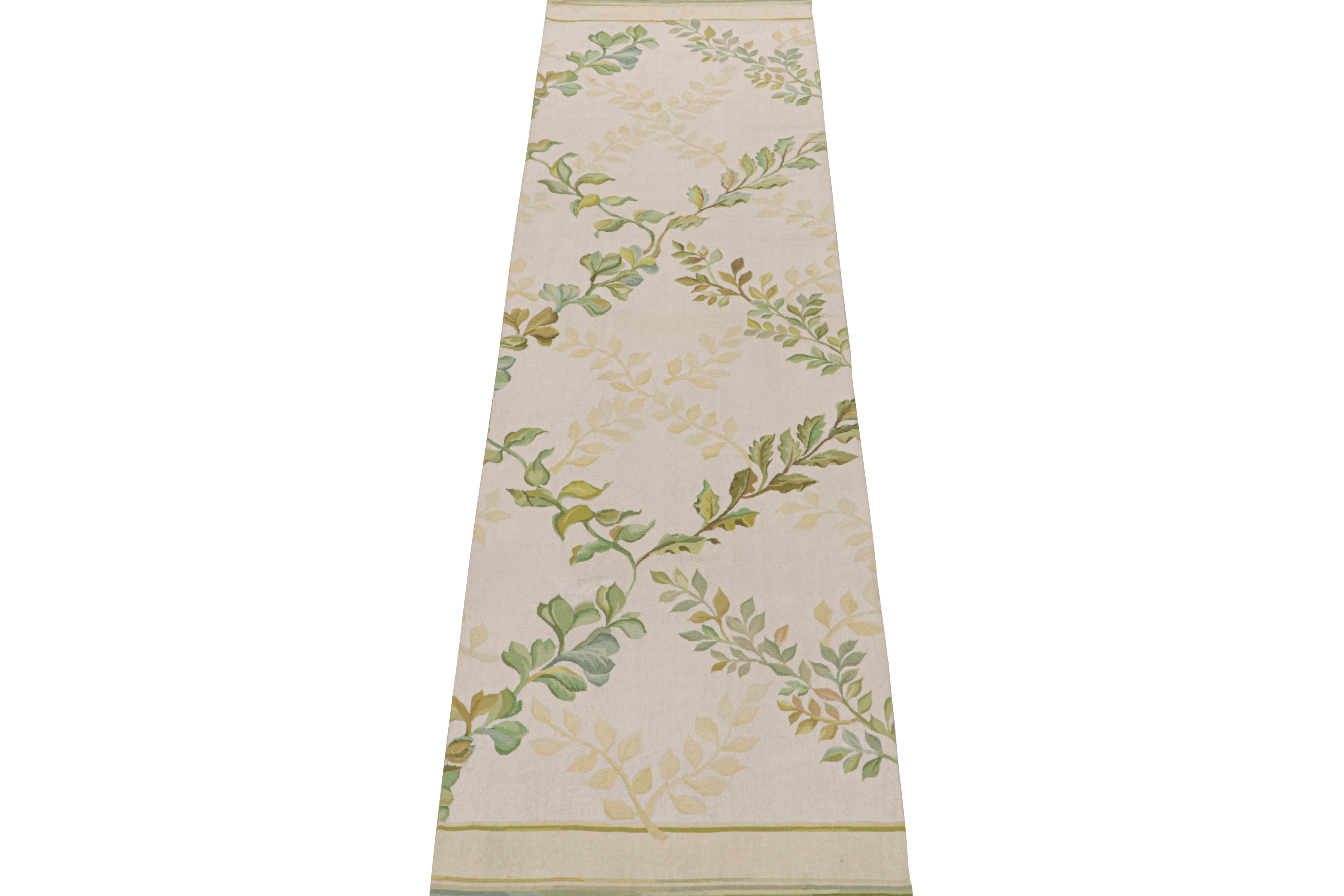 Chinese Rug & Kilim’s Tudor Style Flatweave Runner in Cream and Green Floral Patterns For Sale