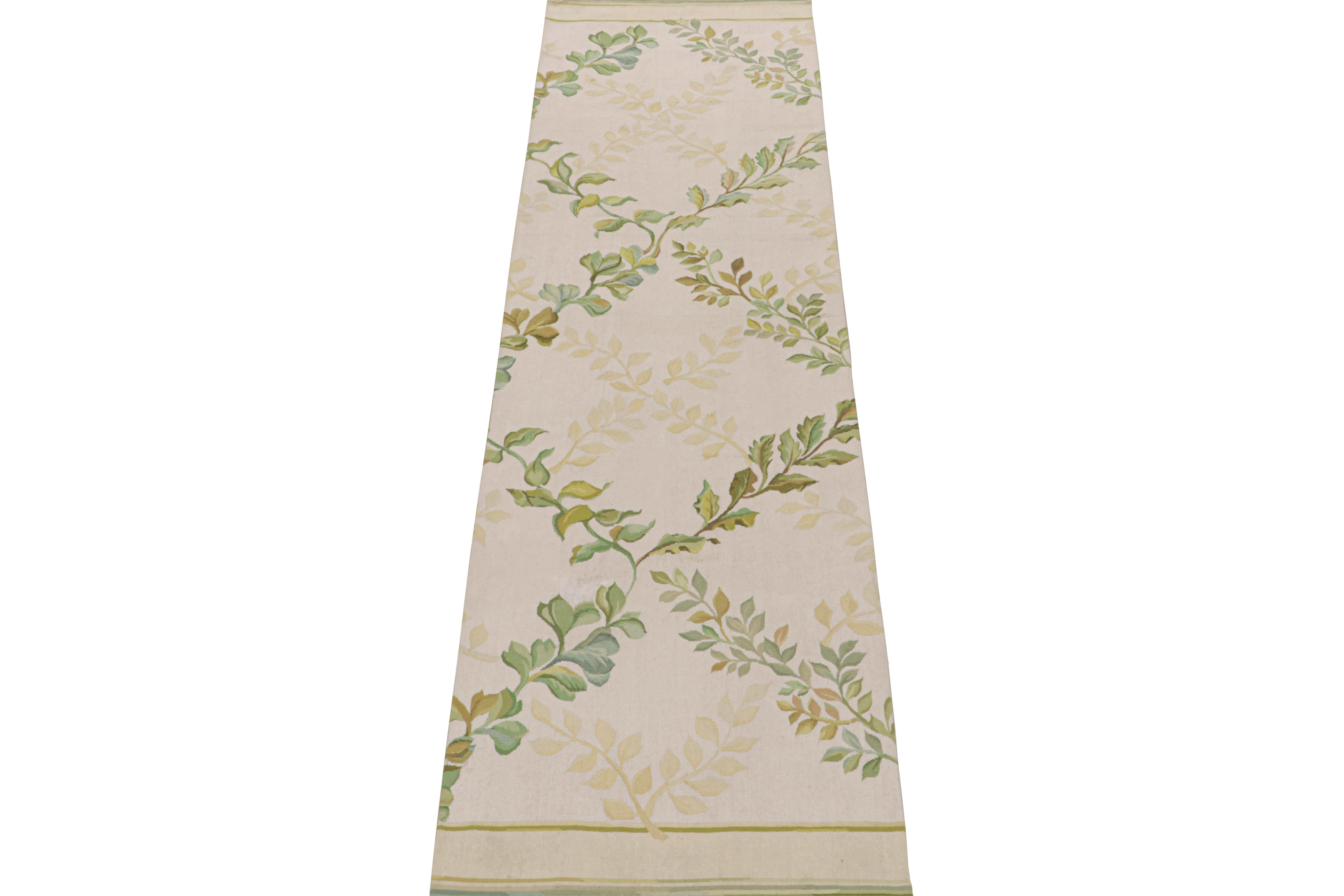 Chinese Rug & Kilim’s Tudor Style Flatweave Runner in Cream & Green Floral Patterns For Sale