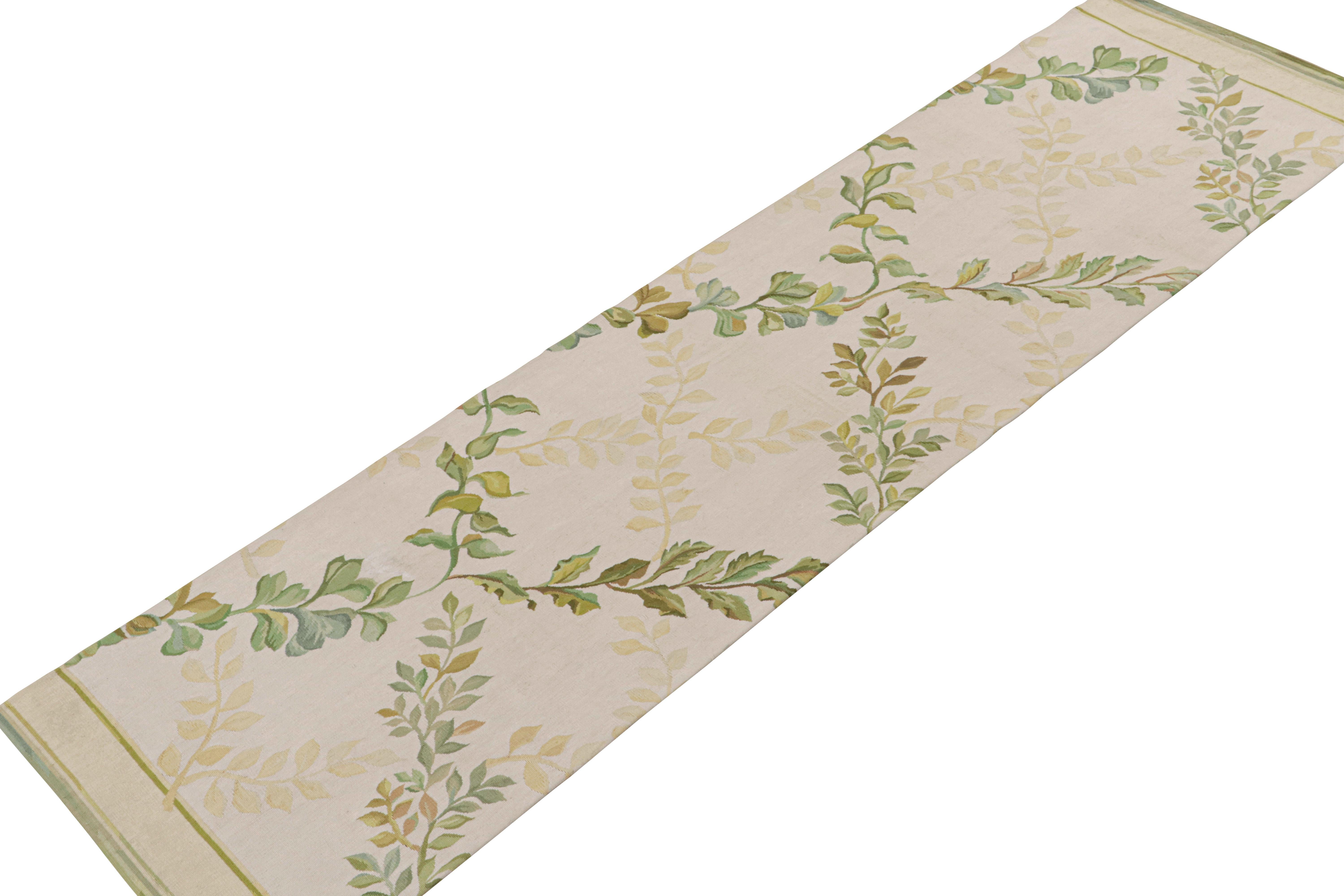 Hand-Woven Rug & Kilim’s Tudor Style Flatweave Runner in Cream & Green Floral Patterns For Sale