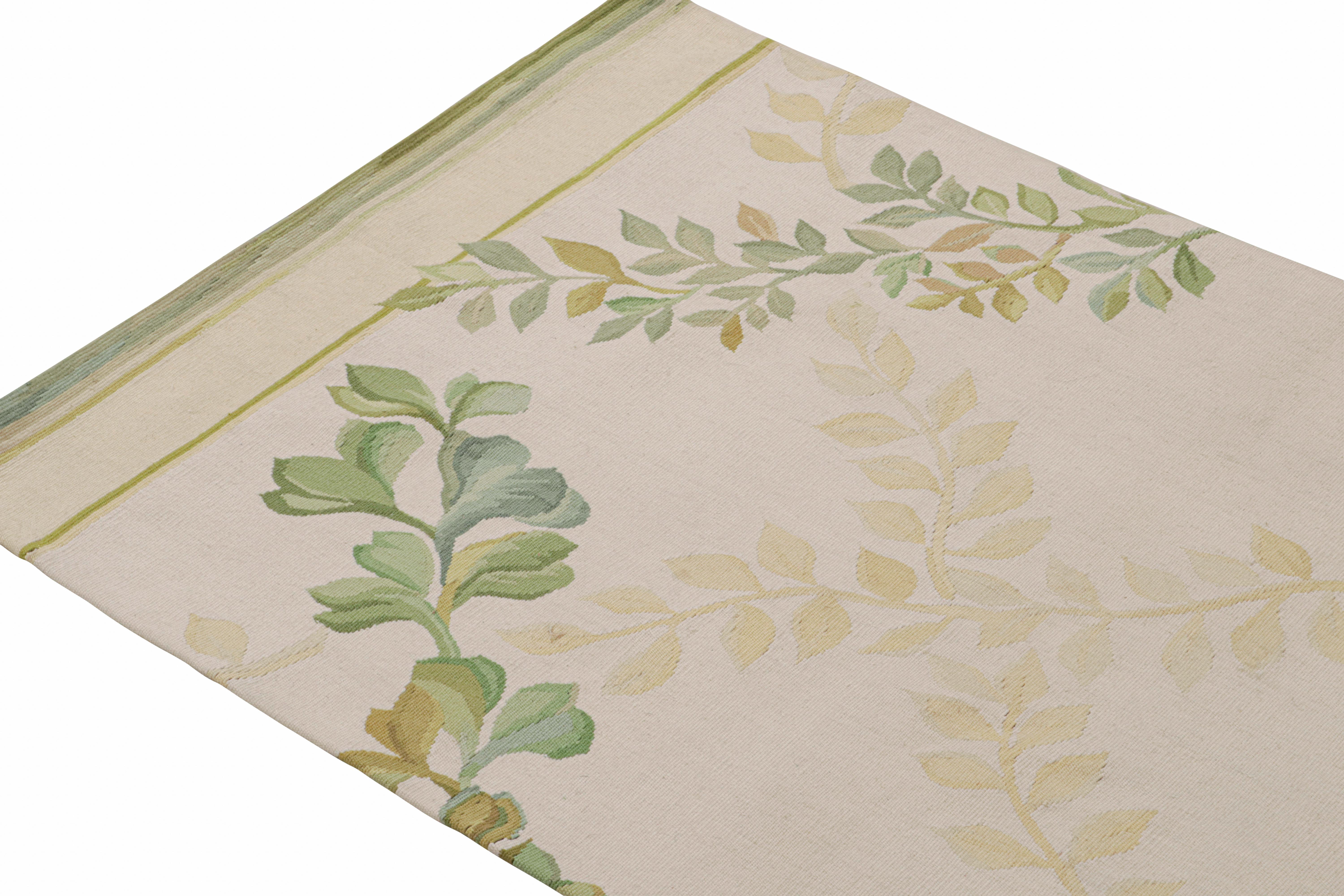 Rug & Kilim’s Tudor Style Flatweave Runner in Cream & Green Floral Patterns In New Condition For Sale In Long Island City, NY