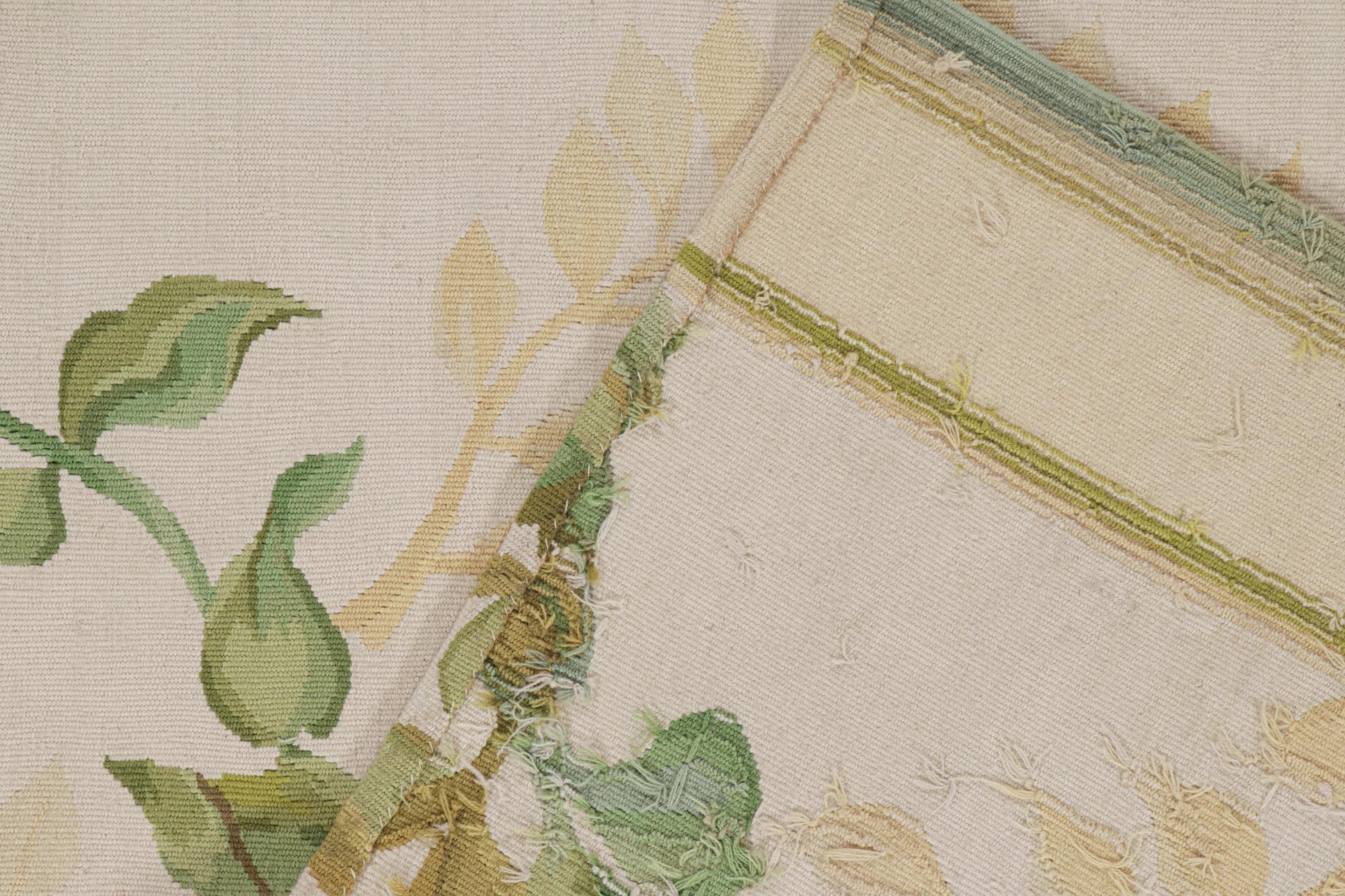 Contemporary Rug & Kilim’s Tudor Style Flatweave Runner in Cream & Green Floral Patterns For Sale