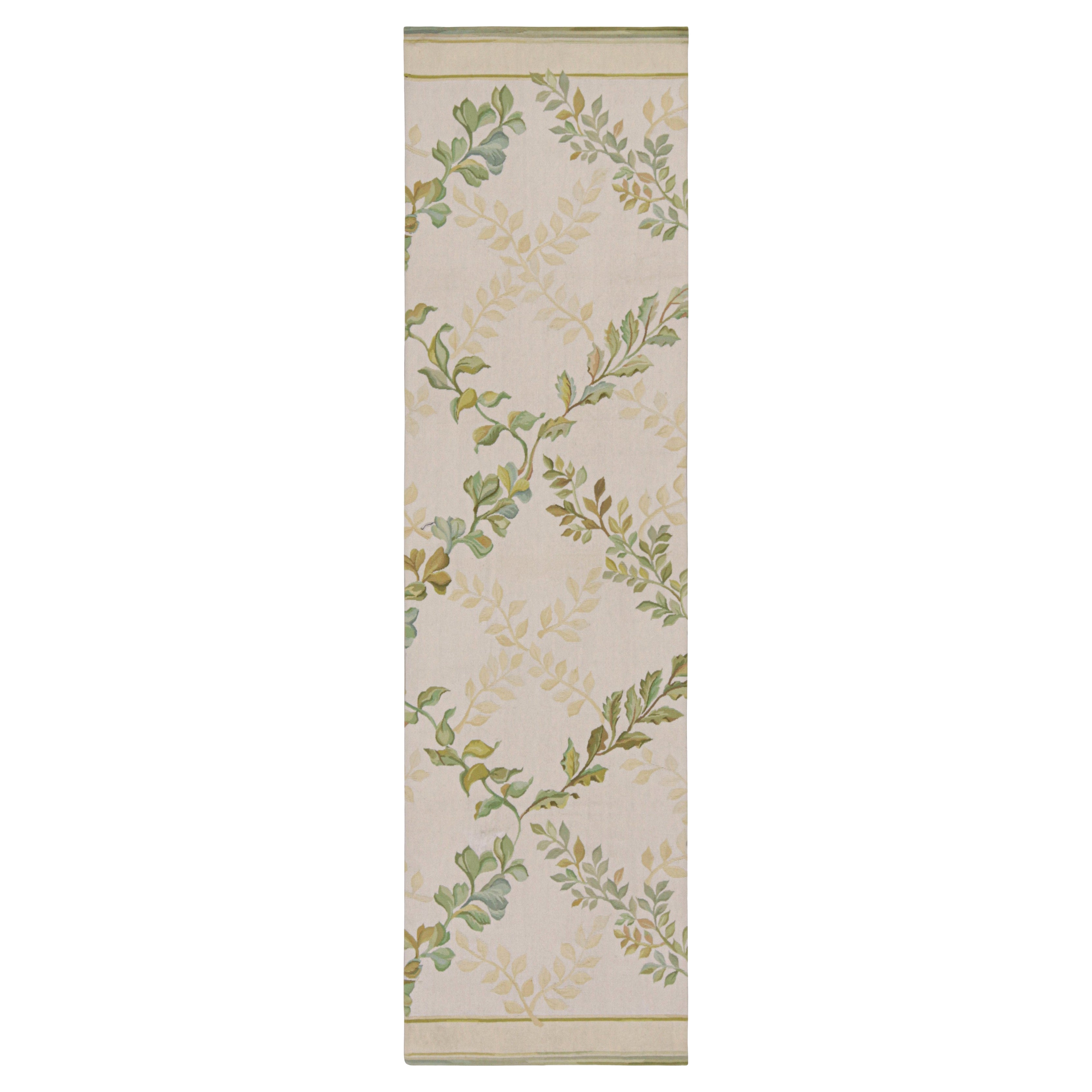 Rug & Kilim’s Tudor Style Flatweave Runner in Cream & Green Floral Patterns For Sale