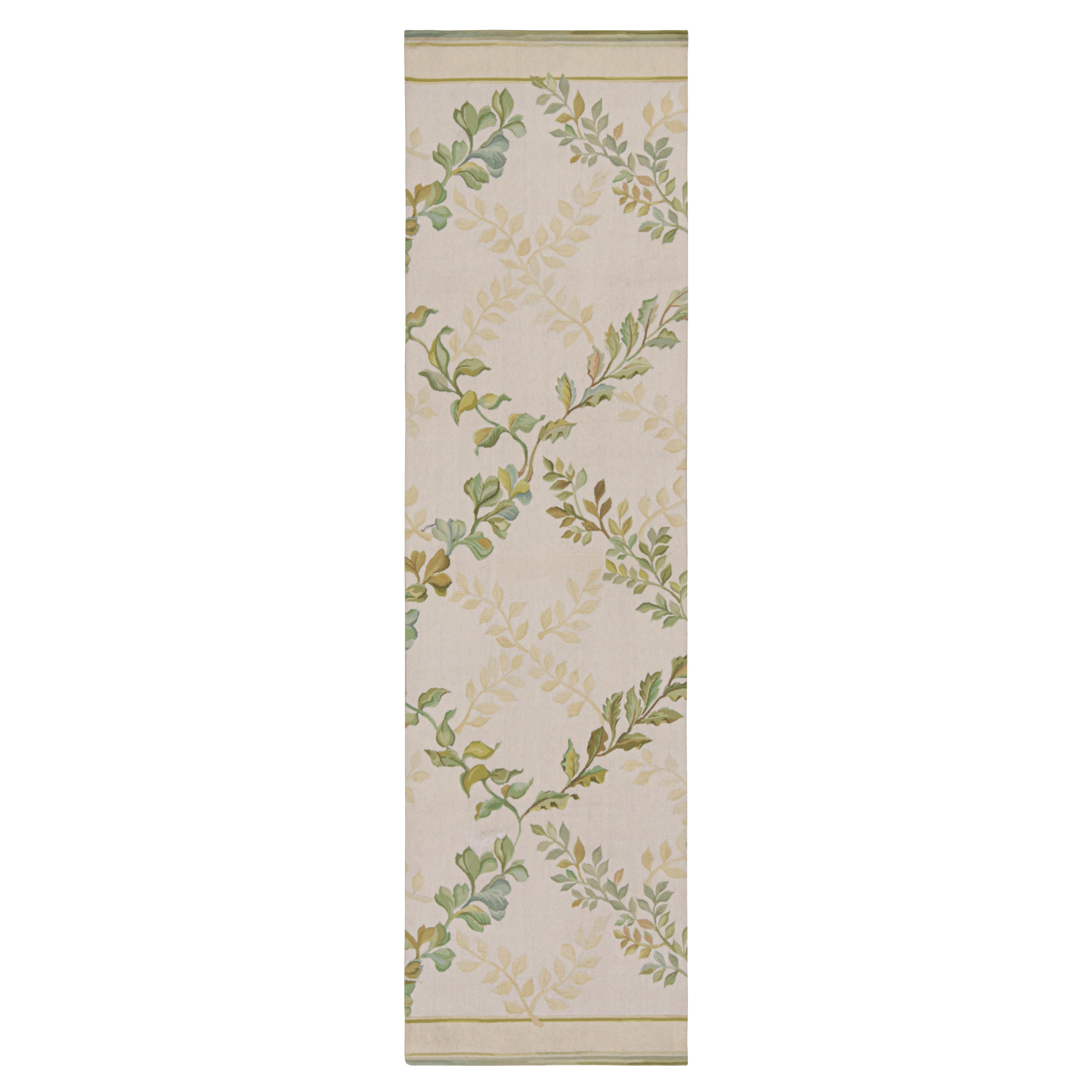 Rug & Kilim’s Tudor Style Flatweave Runner in Cream & Green Floral Patterns For Sale