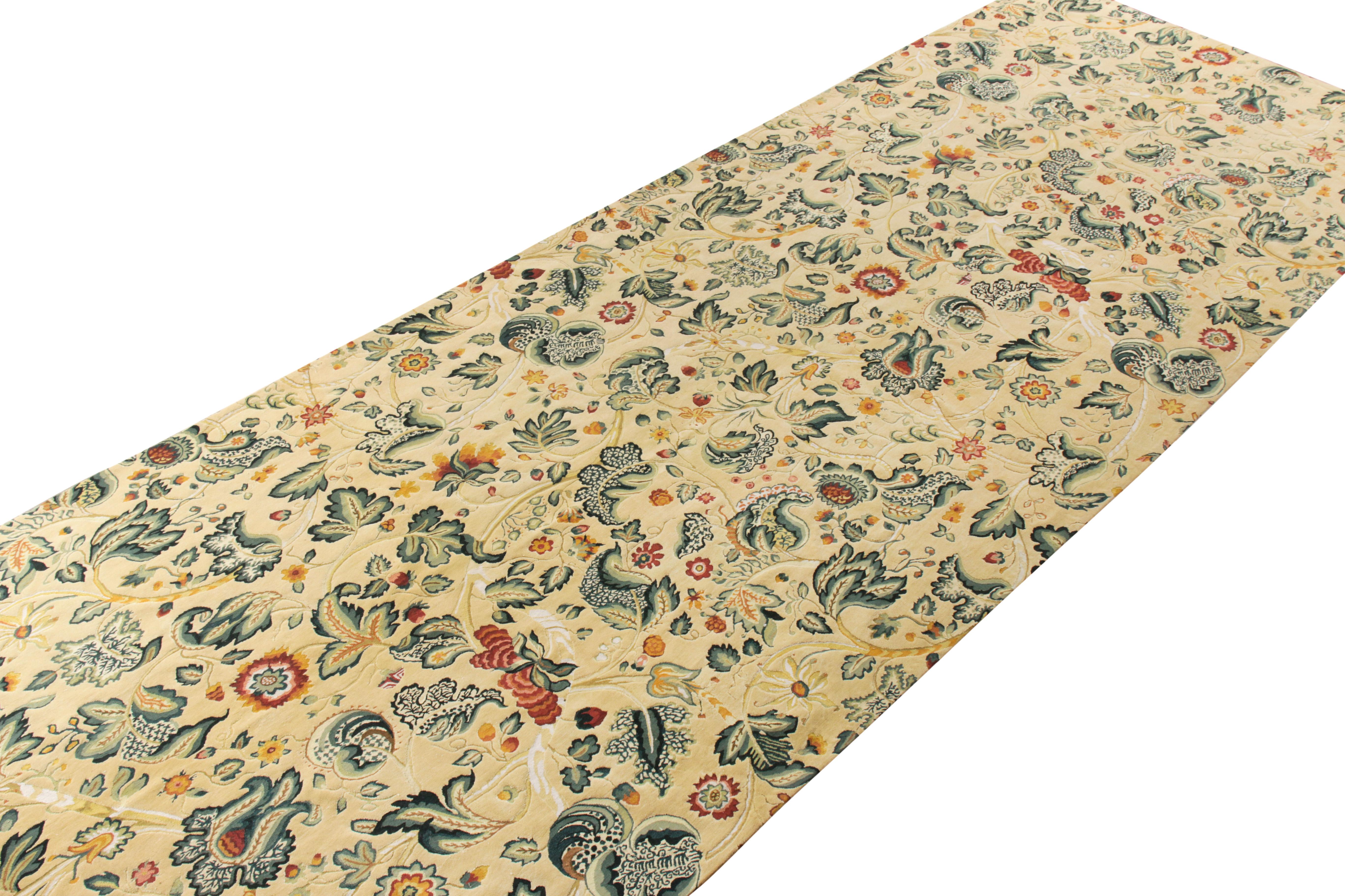 Chinese Rug & Kilim’s Tudor Style Gallery Rug in Cream, Green All over Floral Pattern For Sale
