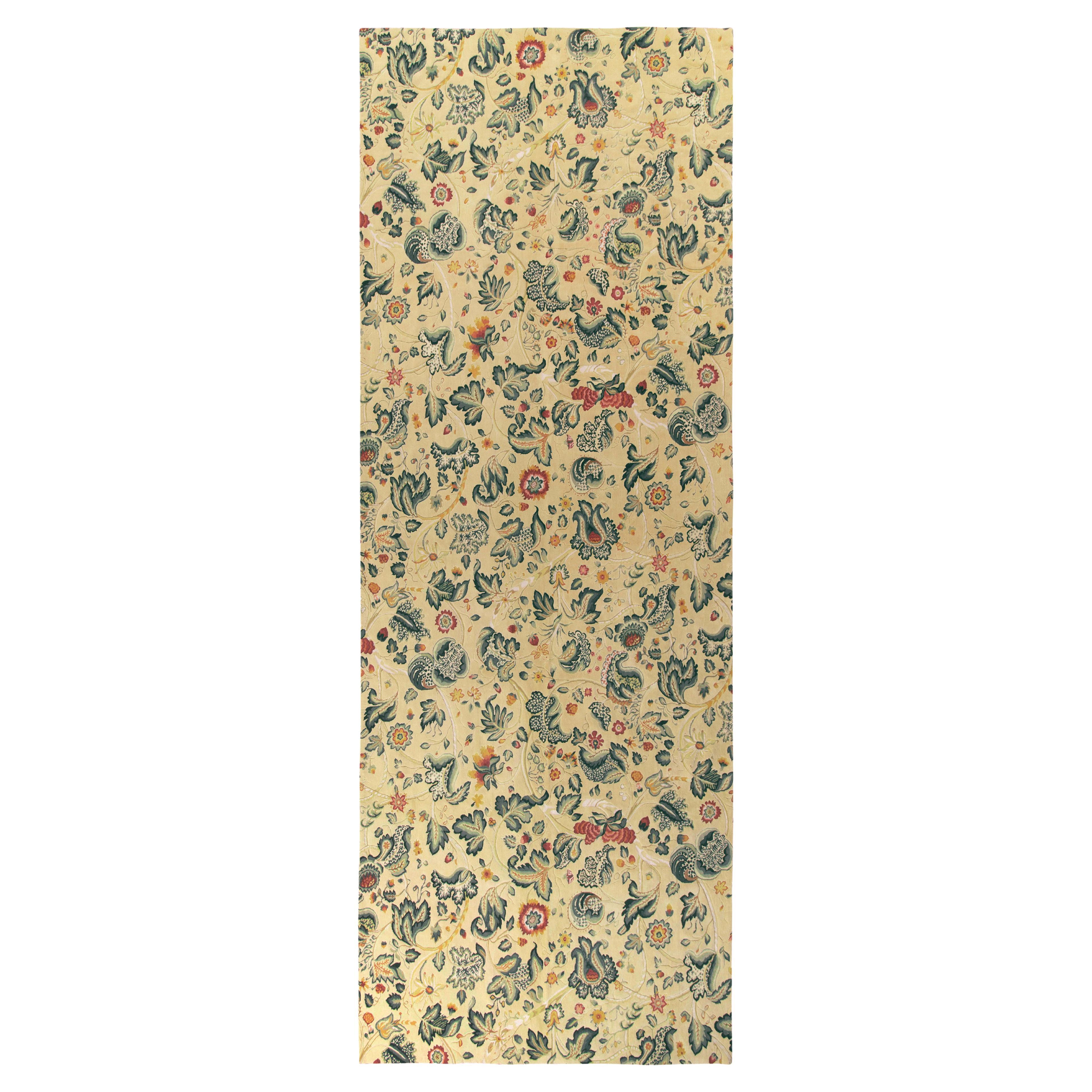 Rug & Kilim’s Tudor Style Gallery Rug in Cream, Green All over Floral Pattern For Sale