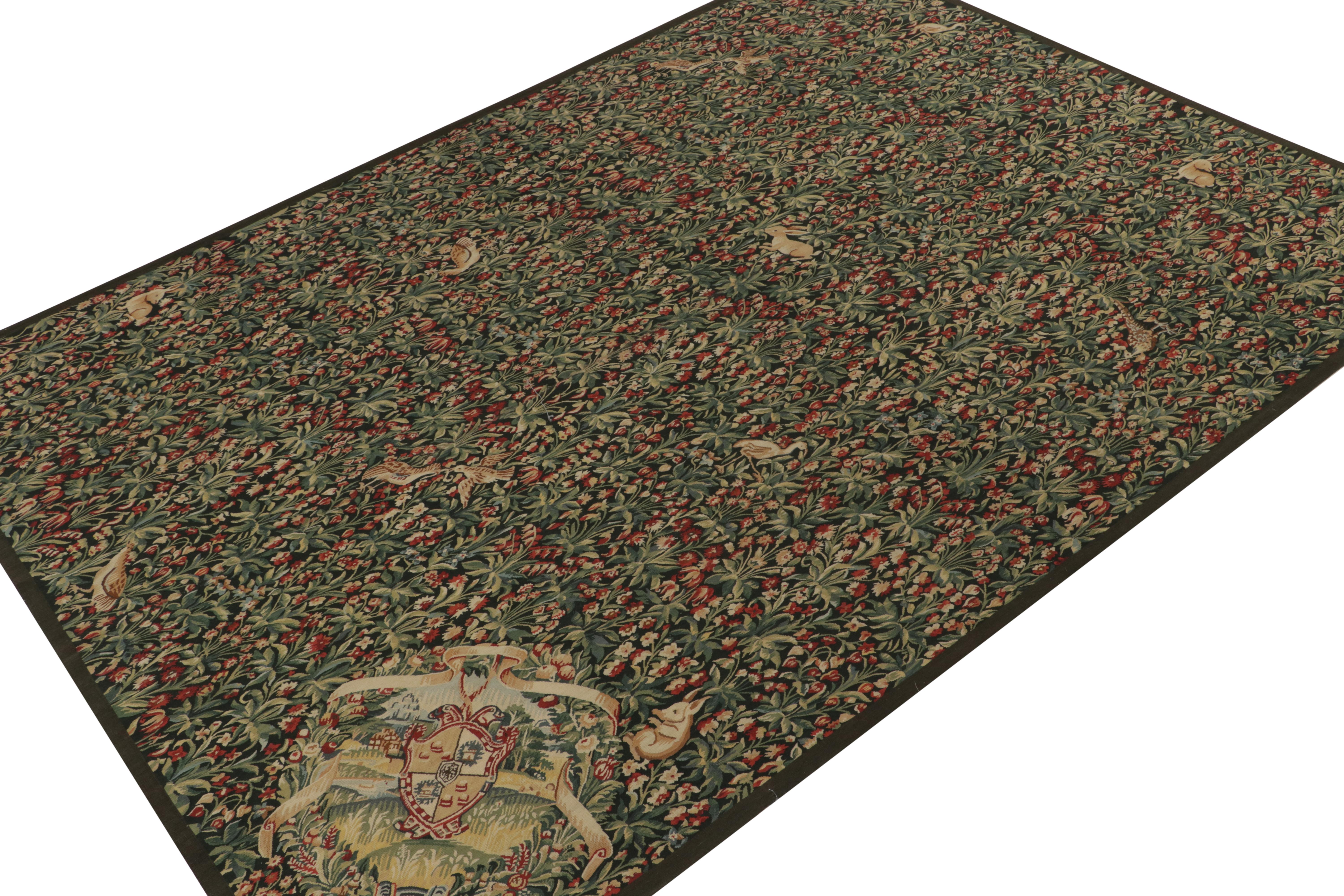 This 8x11 ode to Tudor flat weaves is the next addition to Rug & Kilim’s classic-style European collection. Handwoven in wool.
Further on the Design:
This piece is inspired by Armorial carpets and tapestries, as seen in the regal coat-of-arms emblem
