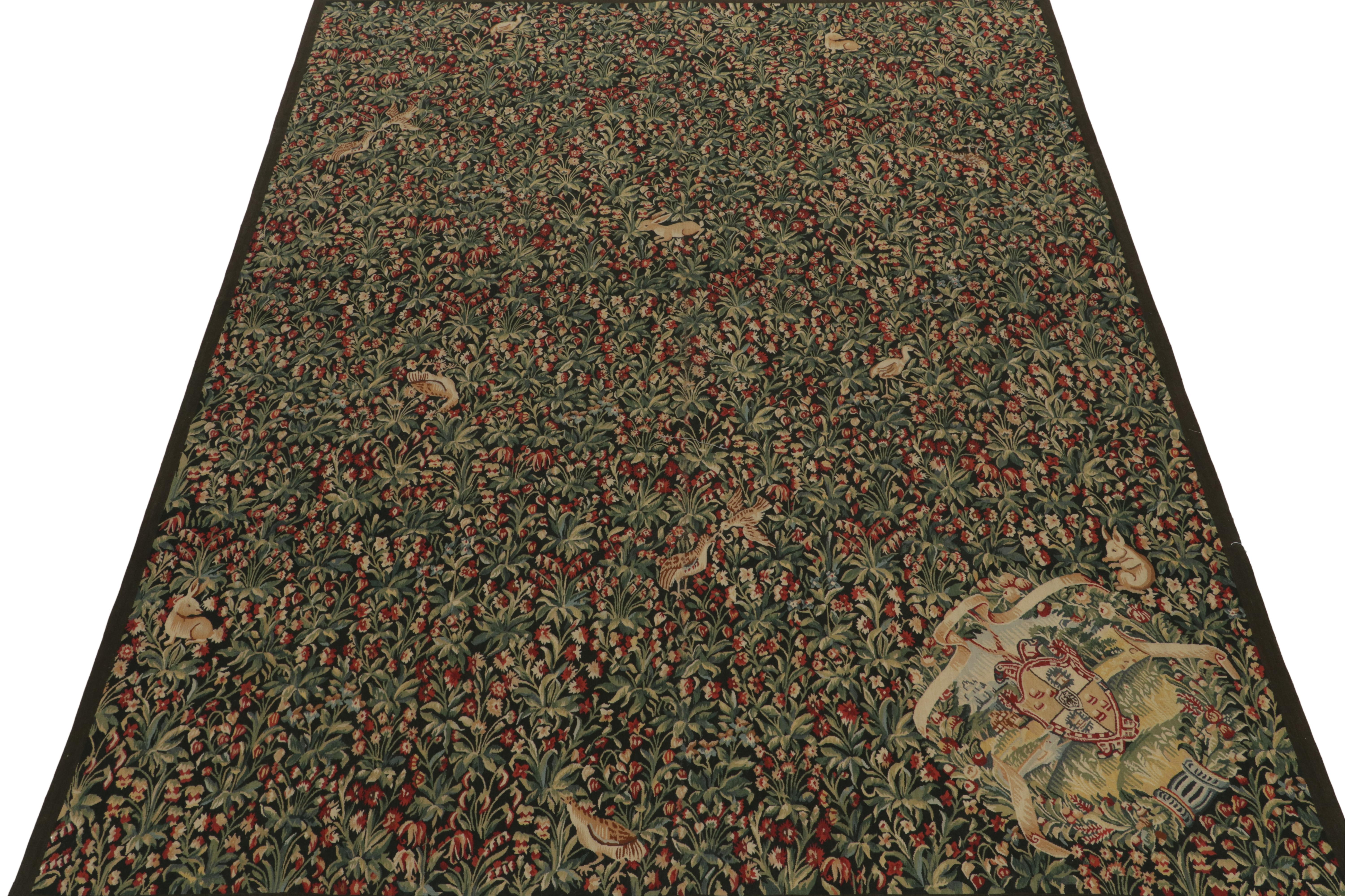 Chinese Rug & Kilim’s Tudor Style Kilim in Green and Red Florals with Beige Pictorials For Sale