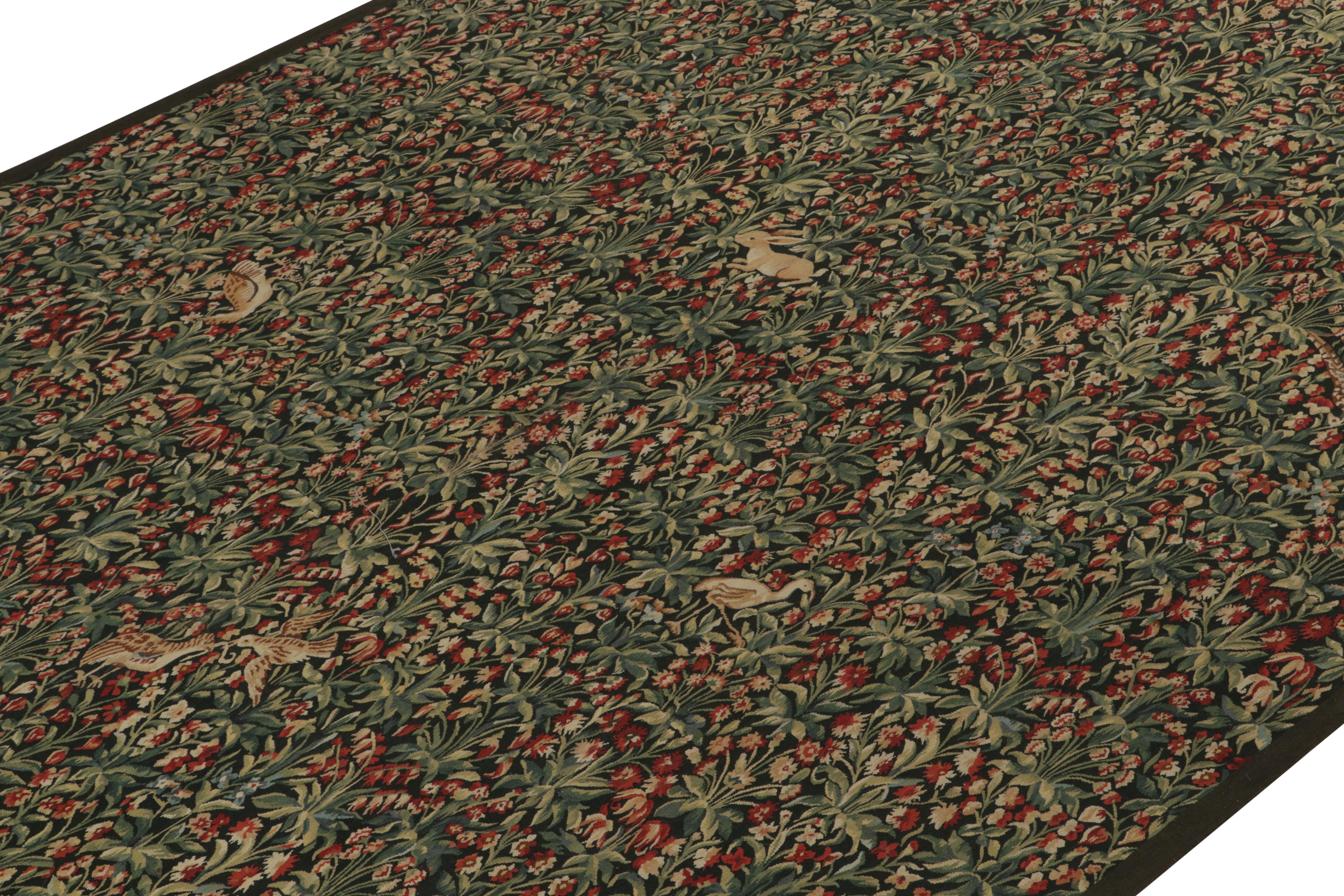 Chinese Rug & Kilim’s Tudor Style Kilim in Green and Red Florals with Beige Pictorials For Sale