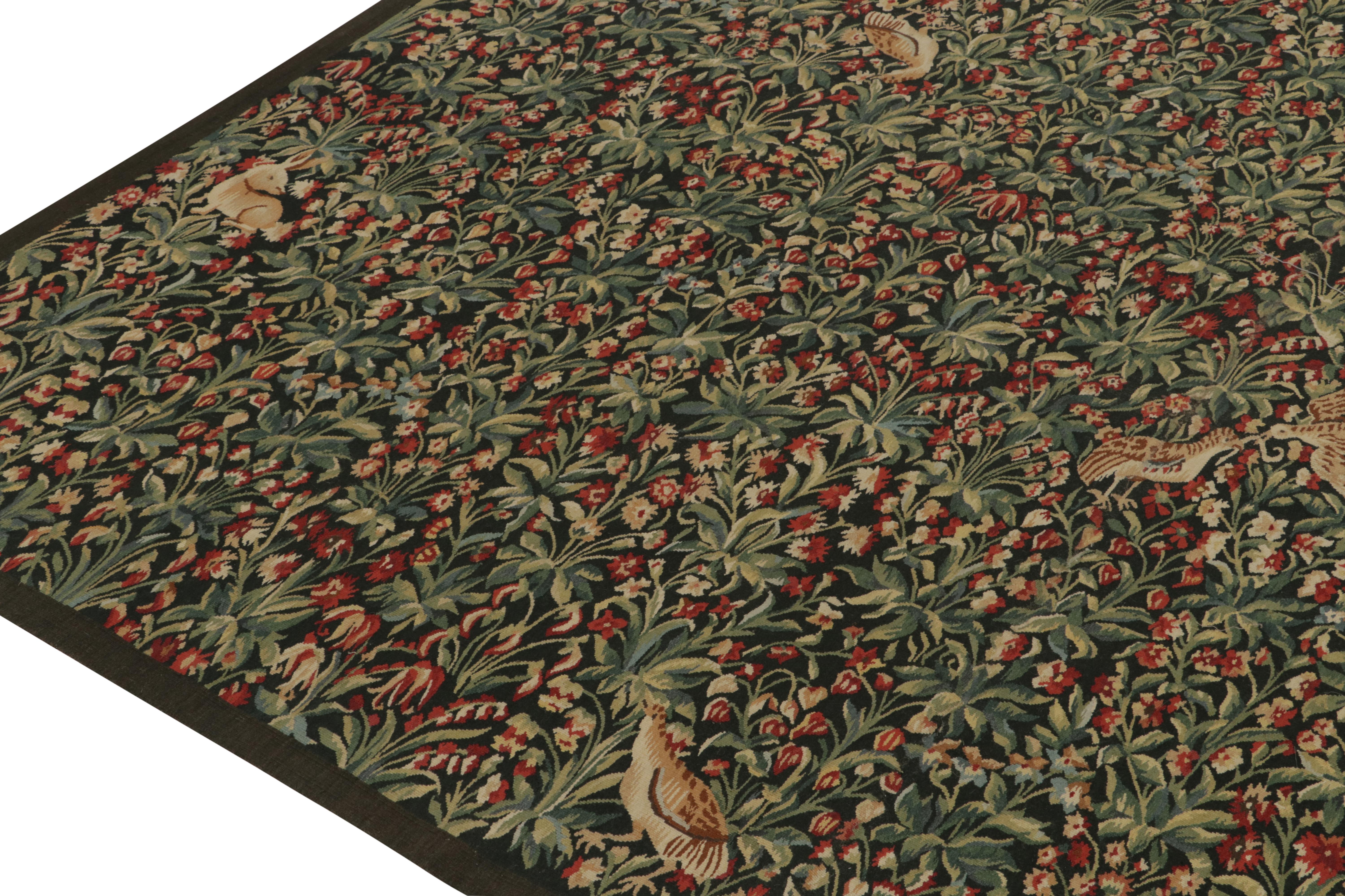 Rug & Kilim’s Tudor Style Kilim in Green and Red Florals with Beige Pictorials In New Condition For Sale In Long Island City, NY