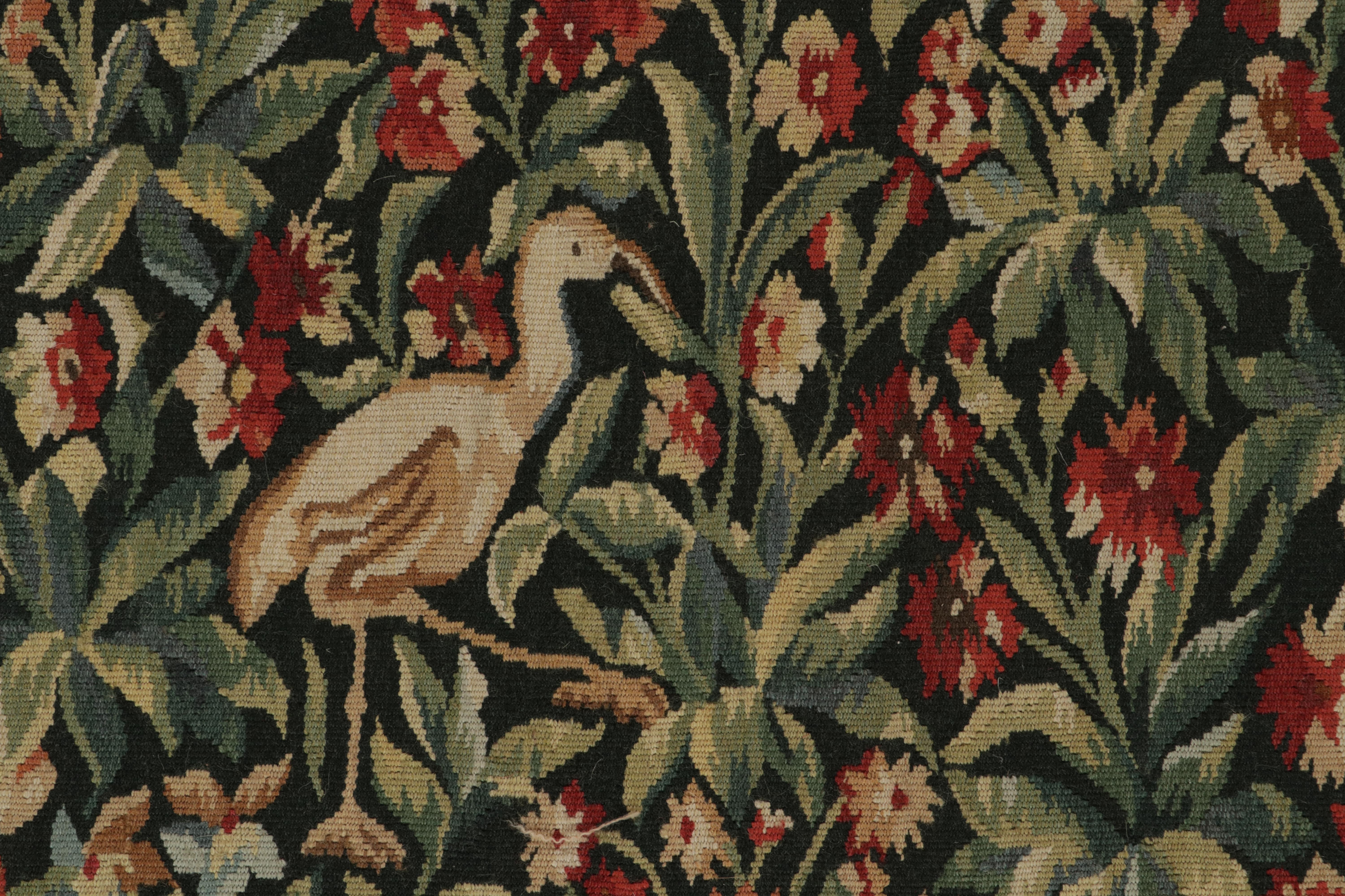 Contemporary Rug & Kilim’s Tudor Style Kilim in Green and Red Florals with Beige Pictorials For Sale