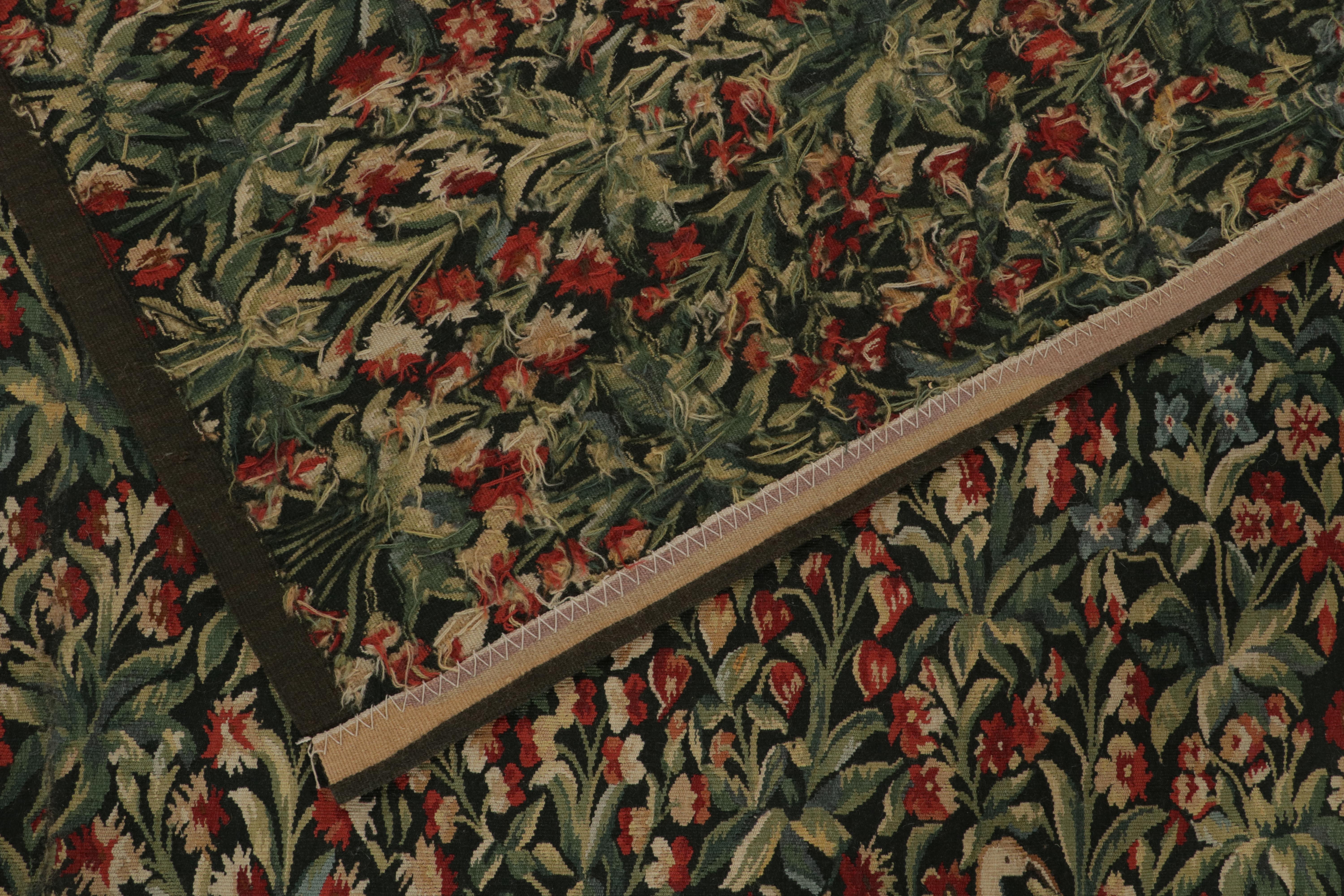 Wool Rug & Kilim’s Tudor Style Kilim in Green and Red Florals with Beige Pictorials For Sale