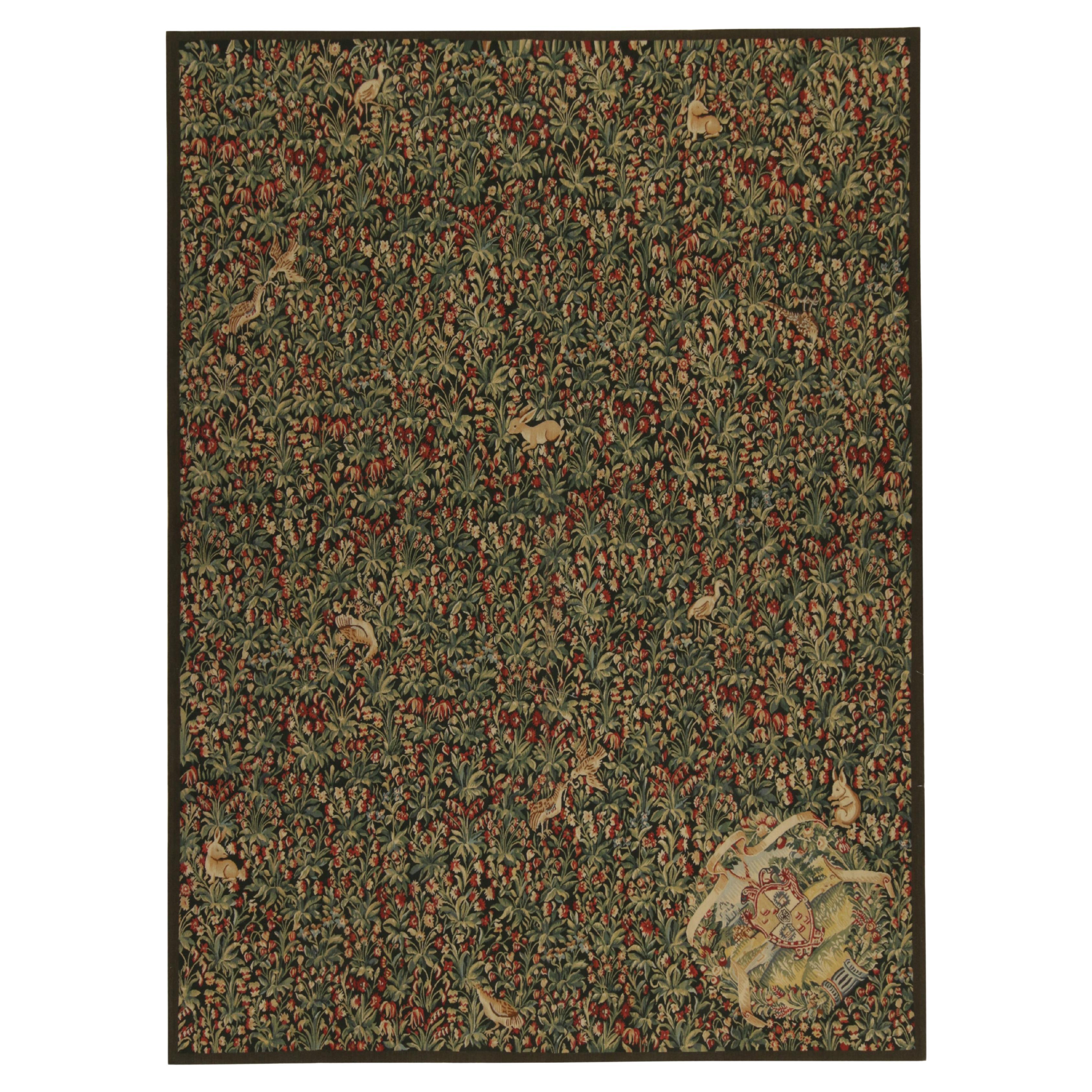 Rug & Kilim’s Tudor Style Kilim in Green and Red Florals with Beige Pictorials For Sale