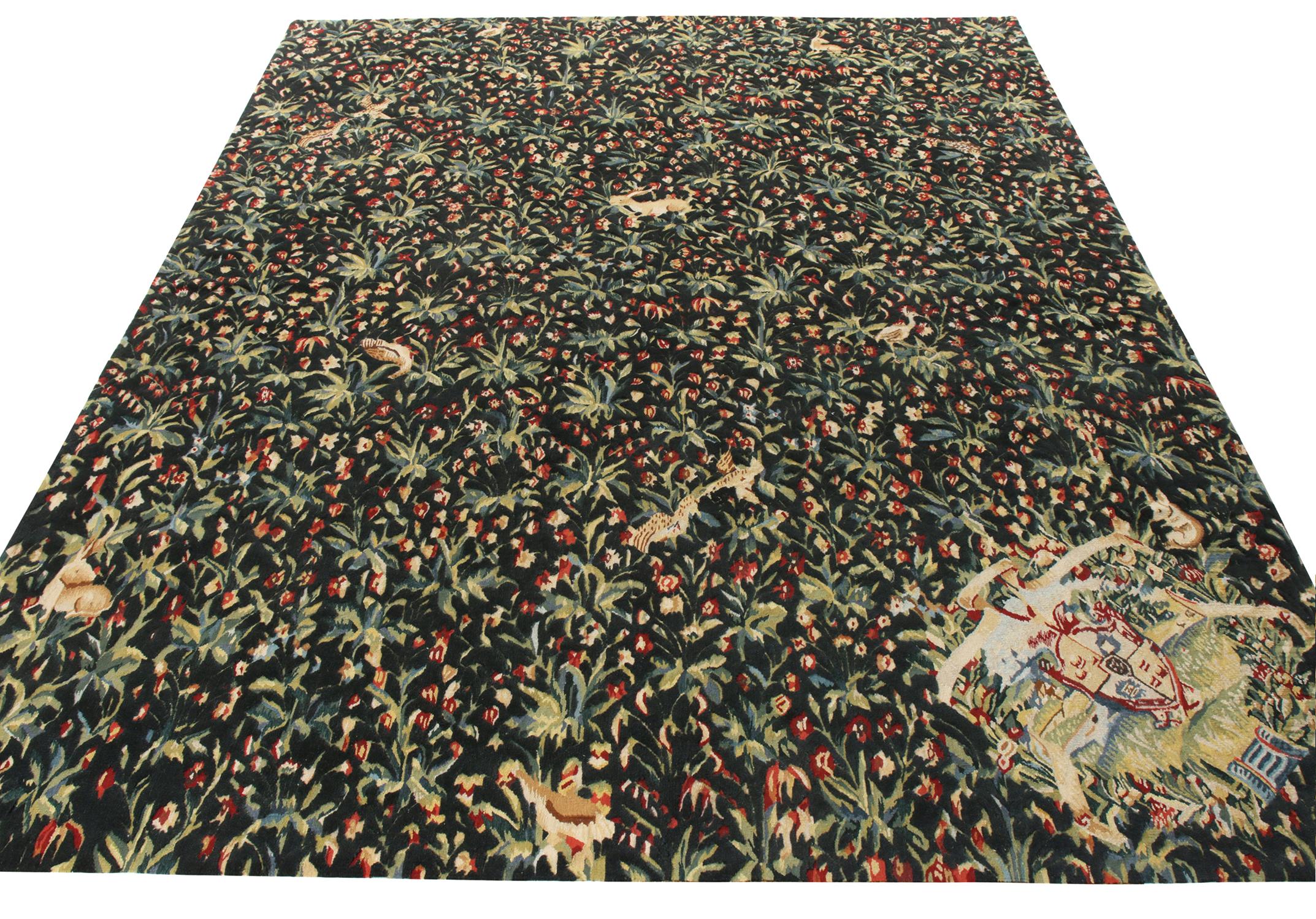 Among the most intricate and unique additions to Rug & Kilim’s European inspired rug collection, an 8x10 ode to Tudor rug styles. Witnessing a dense floral pattern across the scale, the theme revels in similarly deep shades of green and blue,